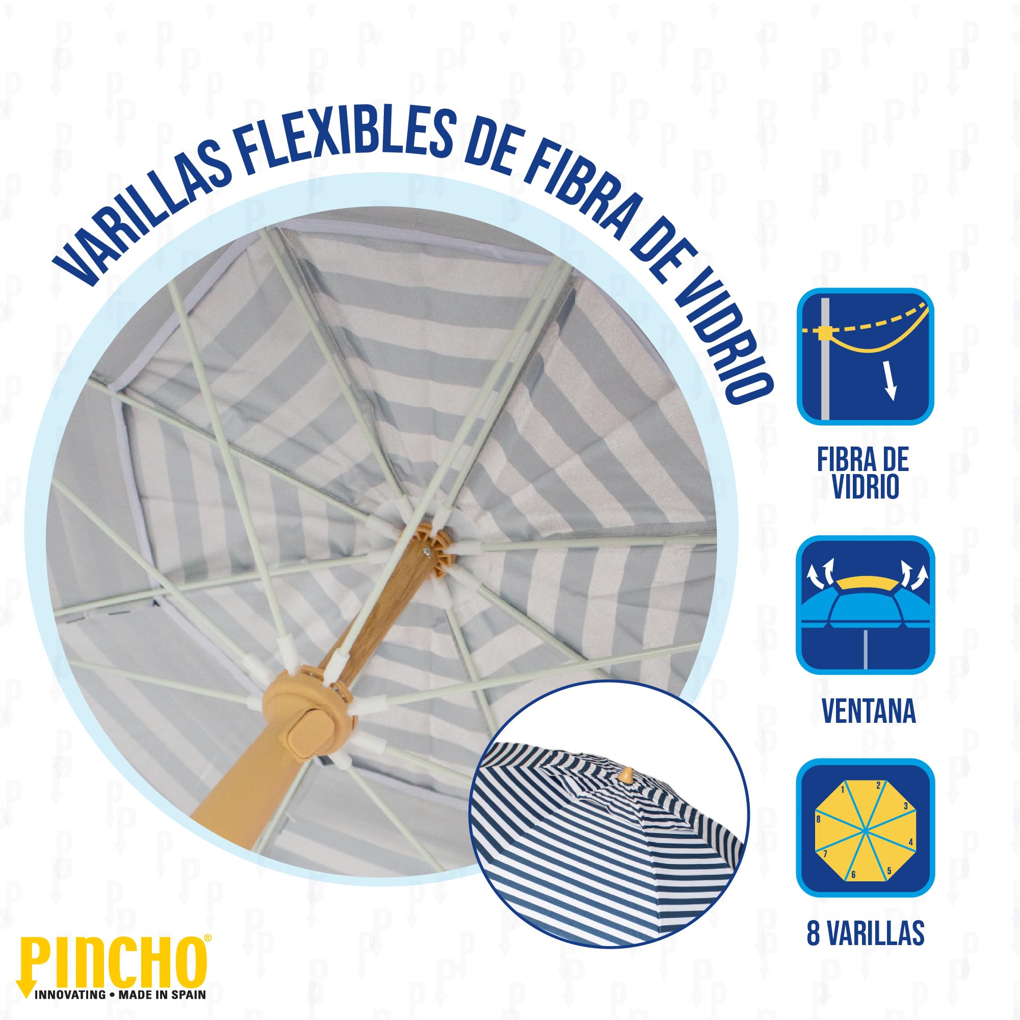 Pincho Ombrellone da spiaggia grande, 200 cm, antivento, con protezione UV50+, tubo in alluminio e 8 stecche in fibra di vetro, reclinabile con finestra superiore, include punta in alluminio