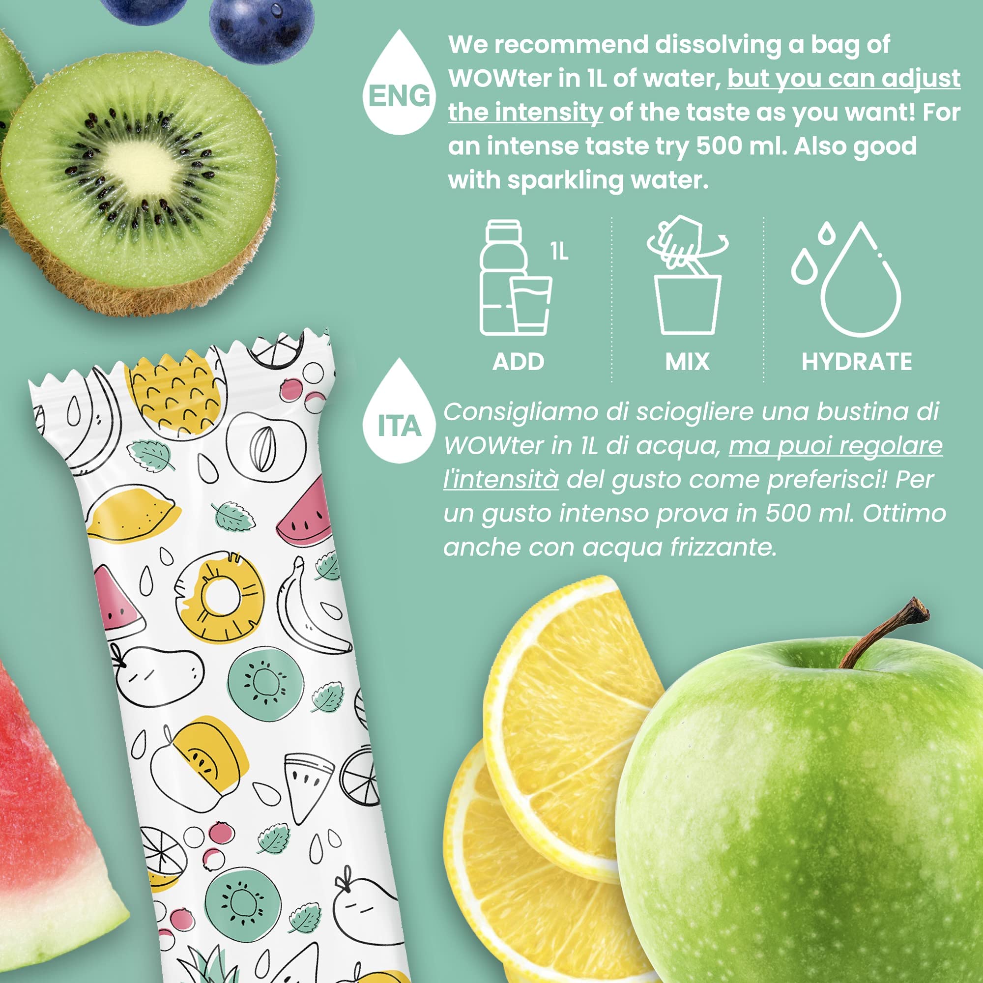 WOWTER by AMZ BETTER, Bebida Instantánea, Surtido de 12 Gustos Mezcla de Frutas, Para Aromatizar el Agua, Sin Calorías, Libre de OMG, Sin Gluten, Sin Azúcares, Made in Italy, 48