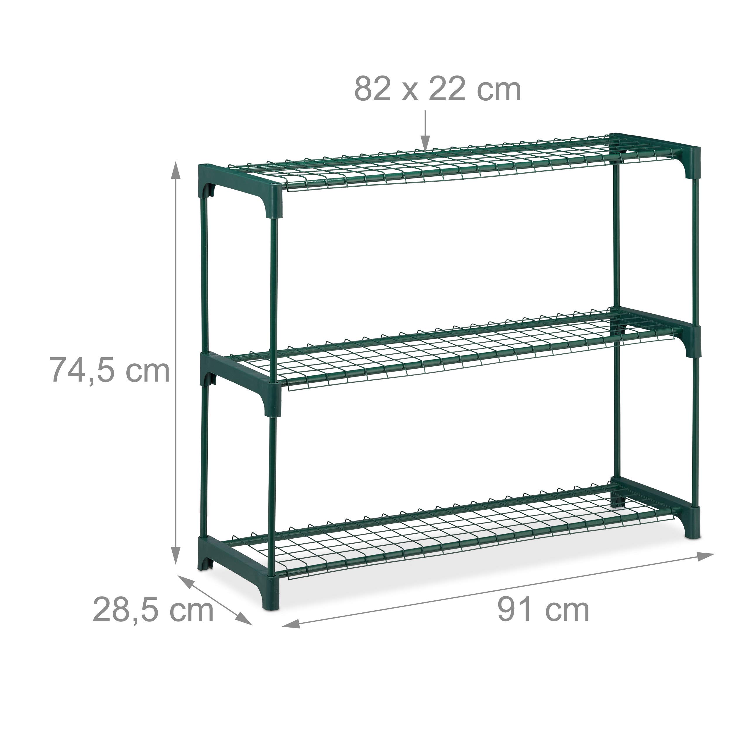Relaxdays Estantería Plantas, Soporte Macetas, Estantes Flores, 3 Baldas, Metal-Plástico, 1 Ud., 74,5x91x28,5 cm, Verde