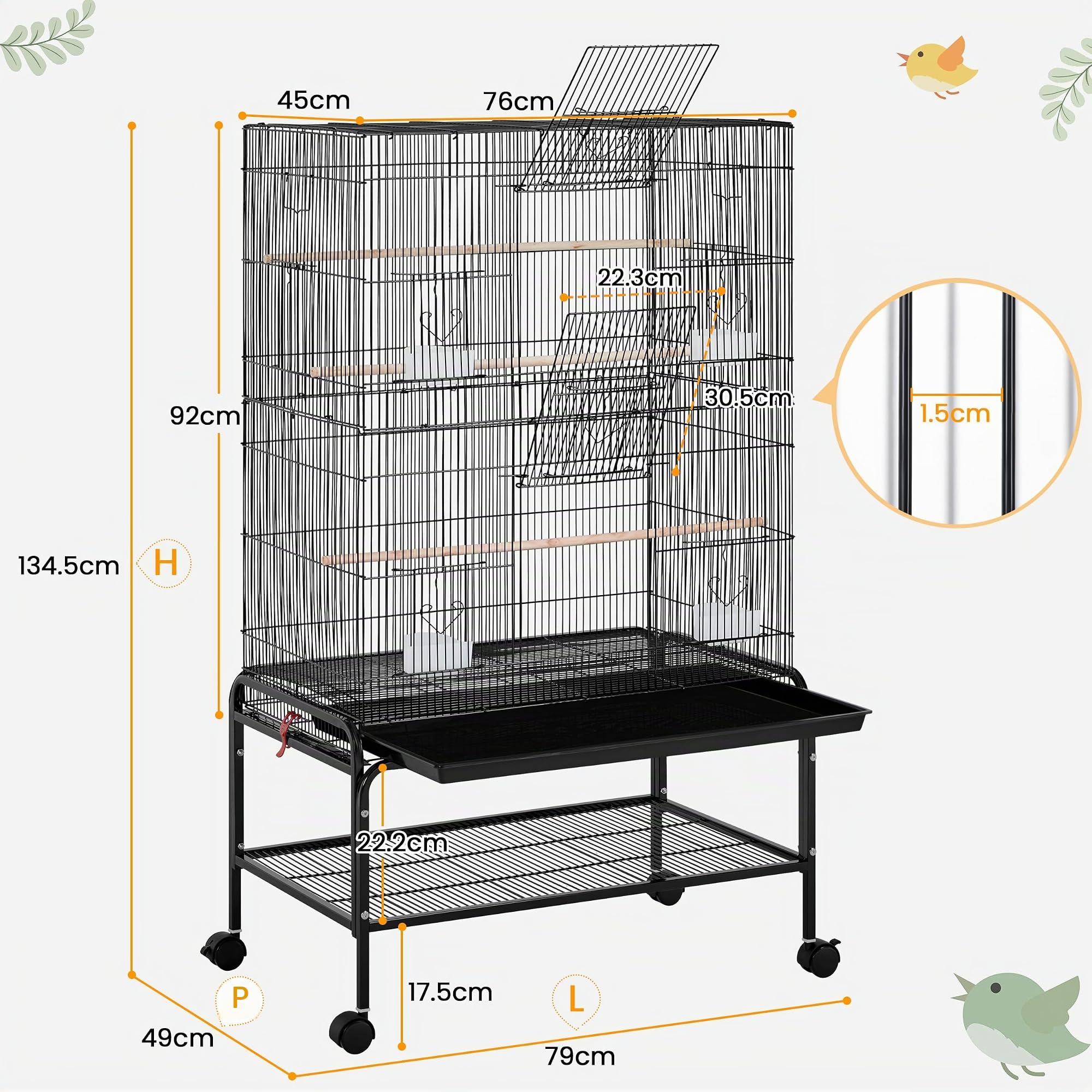 Yaheetech Grande Cage Oiseau sur Pied Volière Canaries Perroquet Grosses Perruches Cacatoès Ara Cage Oiseaux sur roulettes 2 Portes avec Support 79 x 49 x 134,5 cm