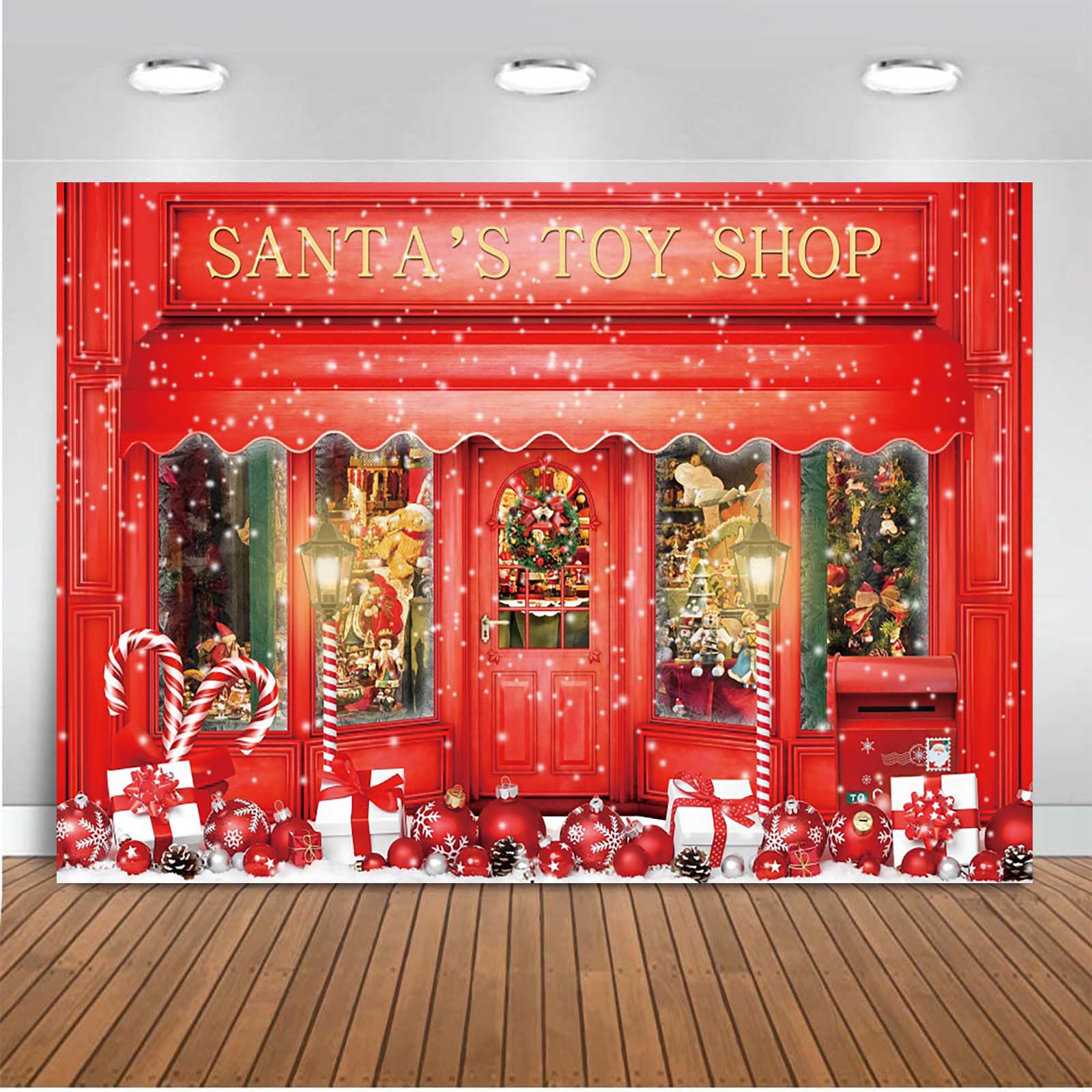 GCIREC 8x6 ft Red Christmas Backdrop Santa's Toy Shop Candy Cane in Snow World Xmas Family Holiday Party Photography Background Xmas Banner Photo