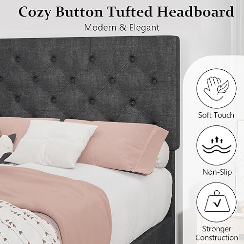 Miniatura 112 de BarnFurin Base de cama de tamaño matrimonial con cabecero, cama de plataforma tapizada con cabecera capitonada con botones ajustables, marco de cama