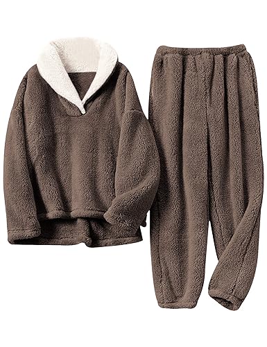Hooever Women's Fluzzy Sherpa Fleece Pajamas Warm Pullover Lapel Sleepwear