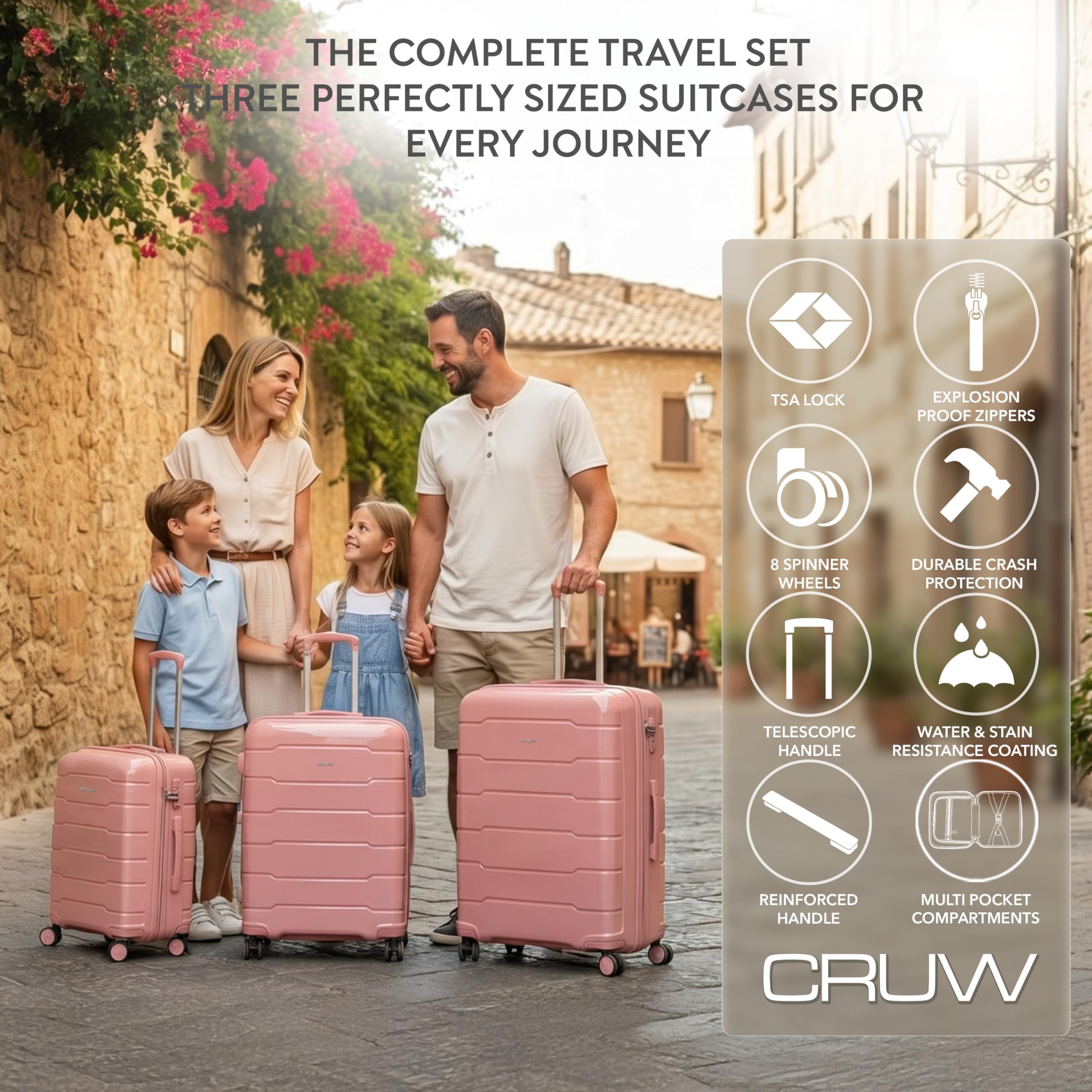 CRUW 3-Piece Luggage Set Expandable Polypropylene Suitcase Set TSA Locks 8 Silent Spinner Wheels Lightweight Nested Suitcases Travel Set easyJet British Airways Jet2 Airline-Approved Carry-On Pink