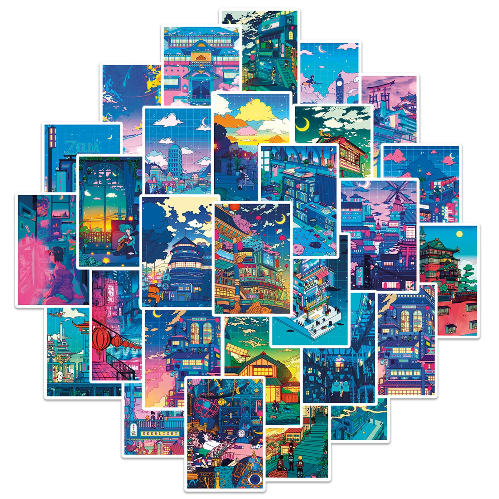 SVGDHZK 50pcs Japanese Anime Night Scene Stickers Cityscape Stickers Laptop Waterbottle Stickers for Kids Boys Girls Teens Anime Fans (Night Scene)