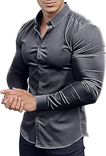 Men's Muscle Fit Dress Shirt Athletic Slim Stretch Long Sleeve Button Down Formal Shirt Business Outfits