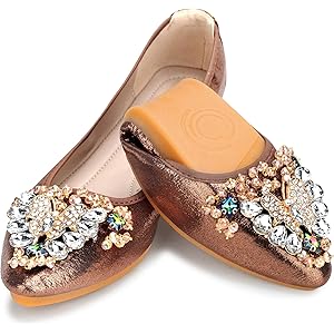 KUNWFNIX Women Ballet Flats Rhinestone Wedding Ballerina Shoes Foldable Sparkly Comfort Slip on Flat Shoes 11 #02_brown
