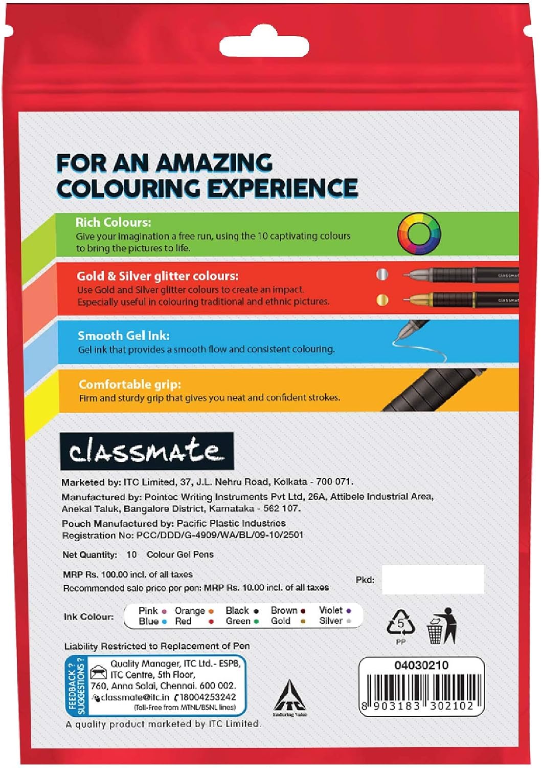 Set of 10 Classmate Octane Colour Burst Gel Pen