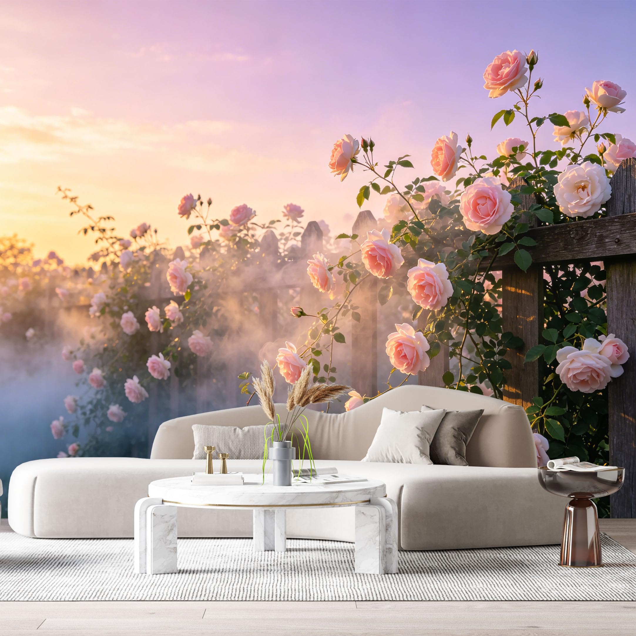 Custom Size Wall Murals Botanical Pink Roses Wood Fence Morning Mist Watercolor SelfAdhesive Wall Fabric Removable Large Wallpaper for Photo Living Room