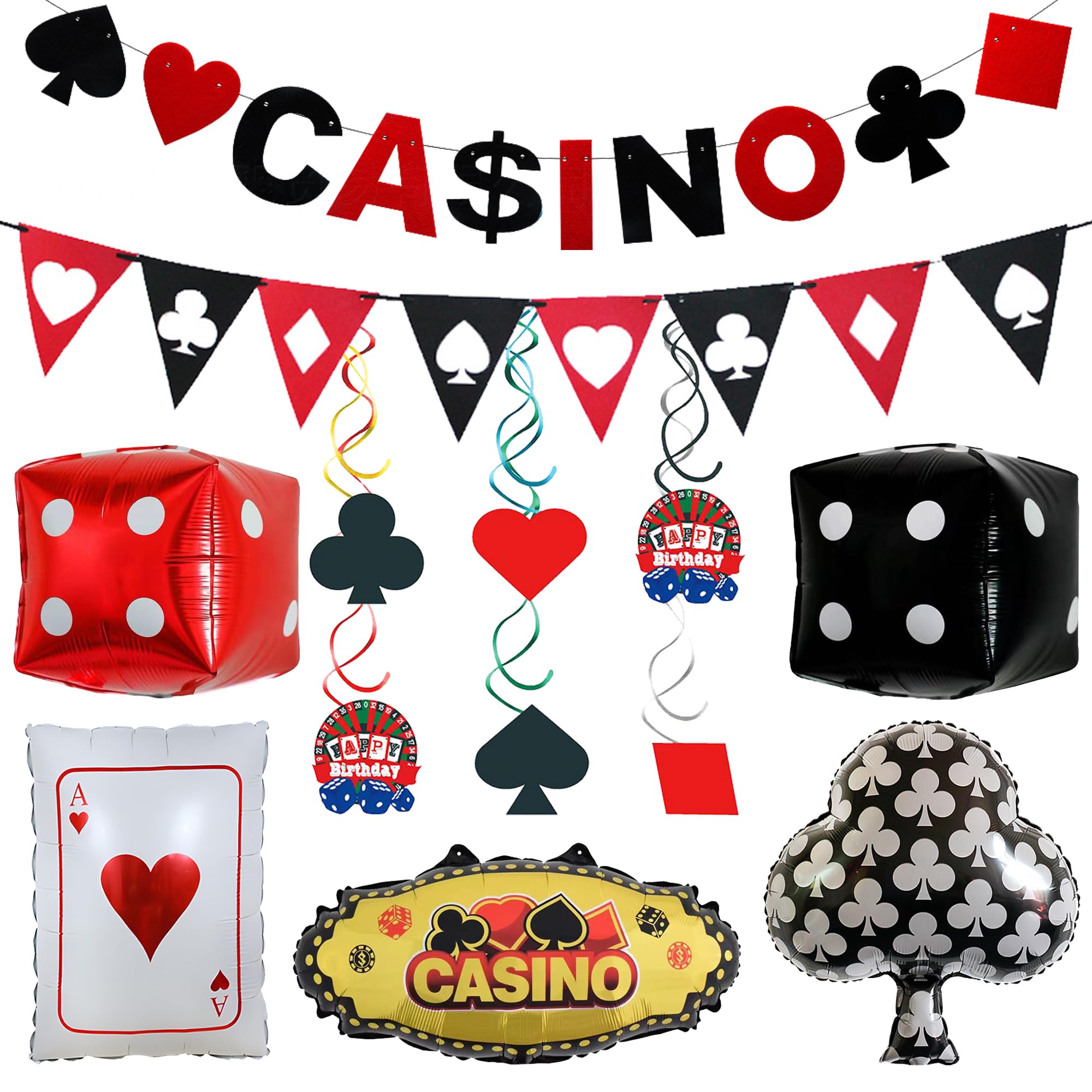Casino Party Decorations Banner Balloons - 29 Pieces Poker Birthday Decor Red Black White Dice Balloon Hanging Swirls Banner Spades Hearts Diamonds Clubs Pennant for Men Women Casino Game Night Party