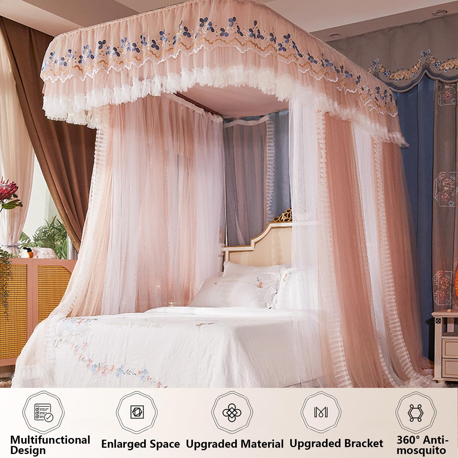 Quadratische Mückennetz, 4-Pfosten Doppelbett Betthimmel, Doppelschichtiges Gemütliches Moskitonetz aus Mesh Stoff, für Schlafzimmer Dekoration C 200 x 220cm