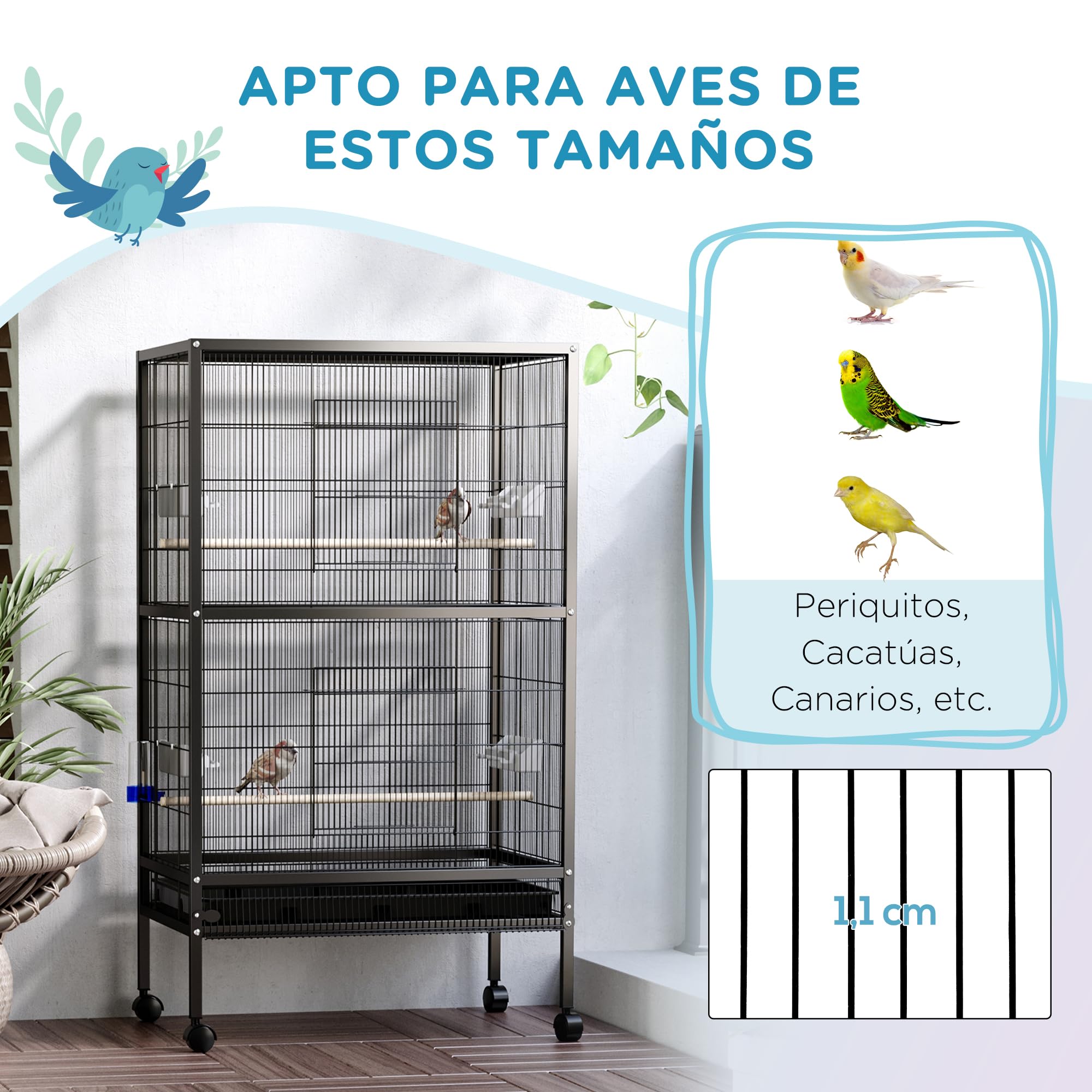 PawHut Jaula para Pájaros Pajarera con 4 Ruedas 4 Puertas 4 Comederos 2 Perchas Bandeja y Bebedero para Loros Canarios Periquitos 79x52x137 cm Negro