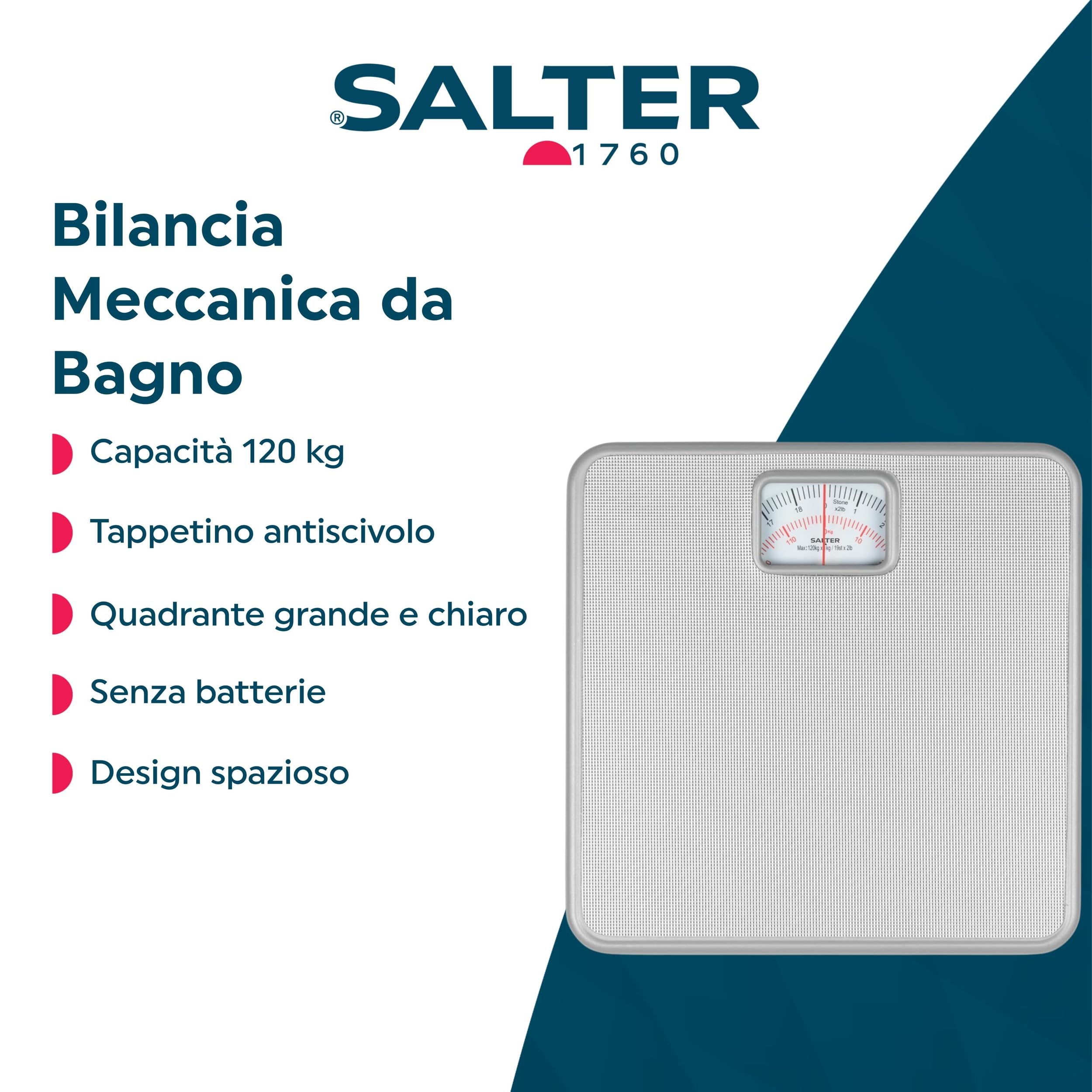 Salter 433 SVDR - Bilancia pesapersone meccanica da bagno, tappetino antiscivolo, quadrante girevole di facile lettura, spaziosa, ampia superficie piedi, capacità max 120 kg, no batterie, argento