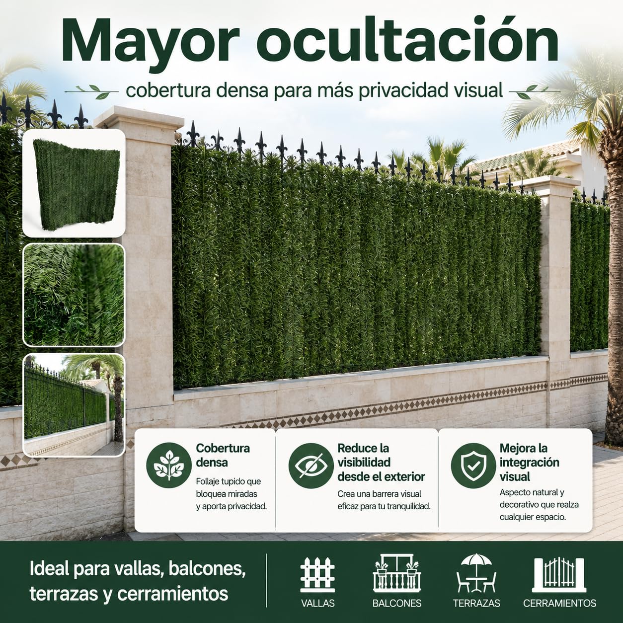 Seto Artificial Ocultación Jardín, Pack 2 Unidades de 1x3m, para Jardin o Terraza, Ocultación 90%, Seto Decorativo, Tratamiento UV, fijación con Alambre, Color Verde
