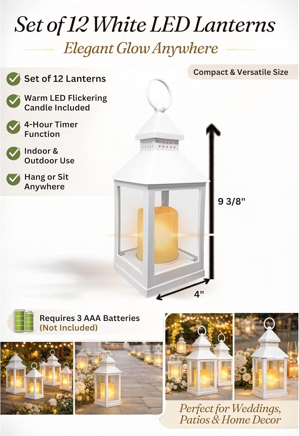 White Lanterns Set of 12 with LED Flameless Candles – 4 Hour Timer – 9.375" Indoor Outdoor Decorative Lanterns – Hanging or Tabletop Porch Patio Wedding Centerpiece Decor