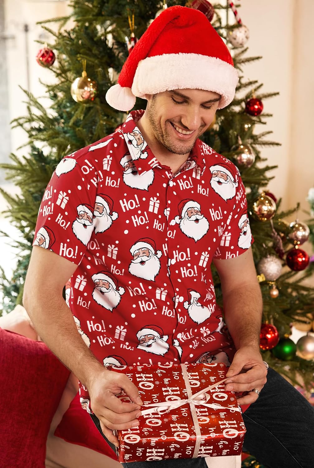 Arvilhill Men's Christmas Button Shirt Funny Ugly Xmas Graphic Short Sleeve Shirts for Party (S-3XL)