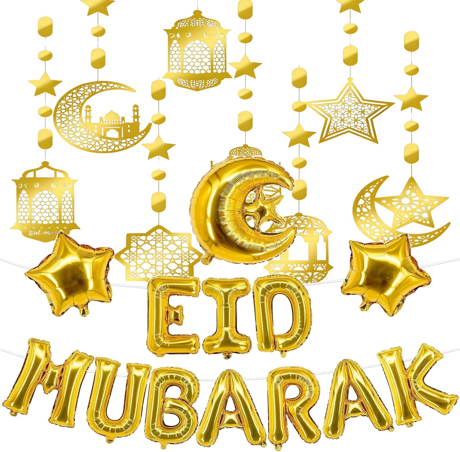 Eid Decorations, Ramadan Balloons Decorations, Gold Eid Mubarak Balloons Banner, Star Moon Foil Balloon Eid Banner for Mubarak Party Decor