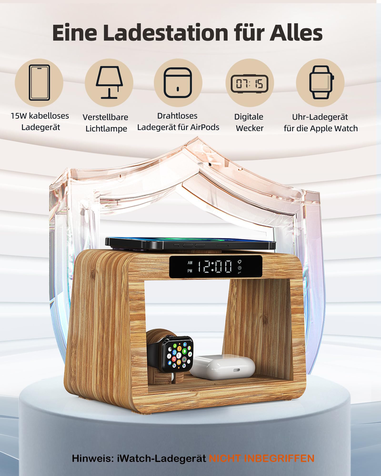 Wireless Ladestation mit Wecker Digital & Nachtlicht, 5 in 1 Kabelloses Schnell-Ladegerät mit Adapter und Kabel, Wireless Charger für iPhone/Apple Watch/AirPods/AirPods Pro