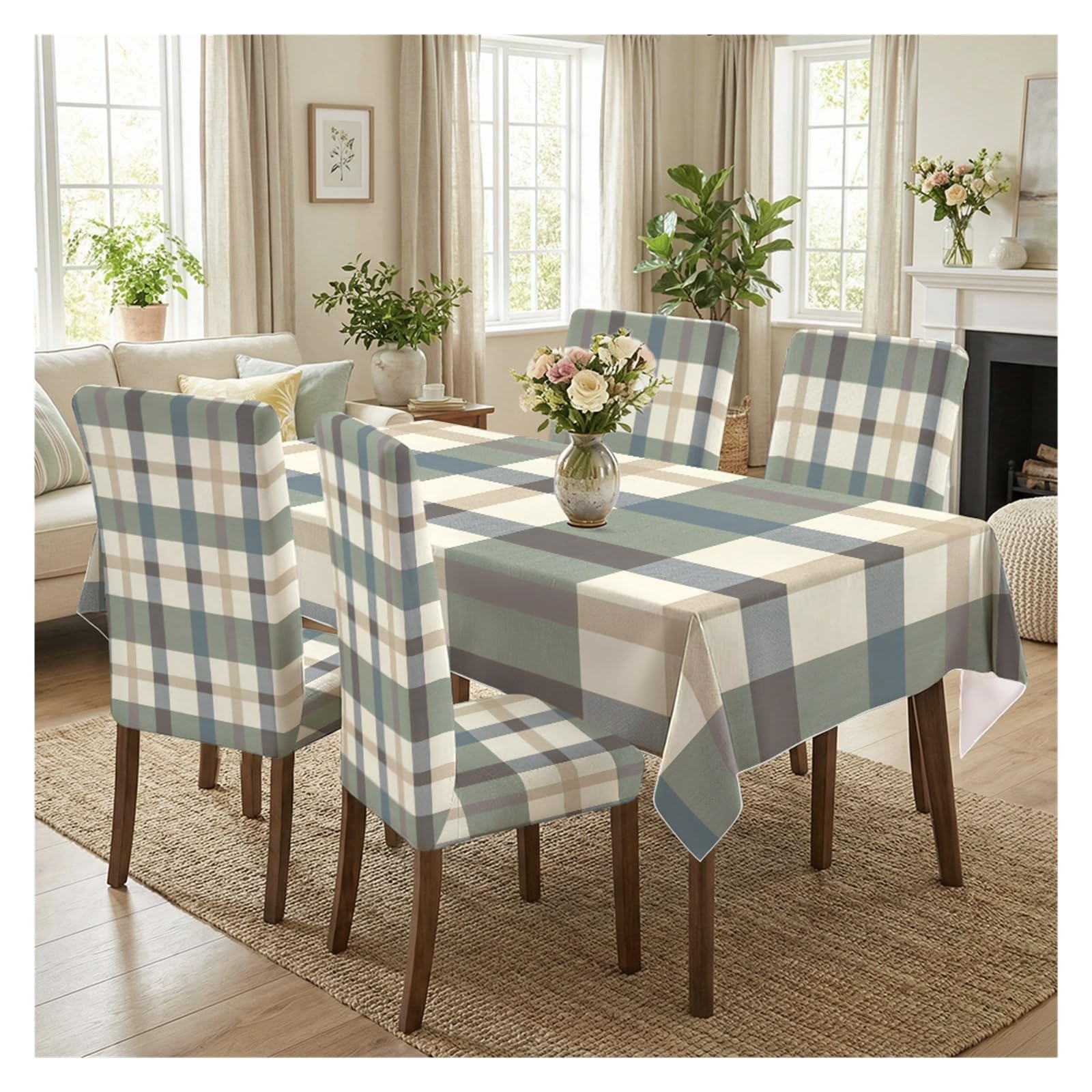 BOSUYBN Muted Sage Blue Plaid Dining Chair Covers & Tablecloth Set, 5/7 Piece Neutral Tartan Slipcovers For Rustic Farmhouse Decor Table Setting(5pcs Set: Tablecloth+Chair Covers)