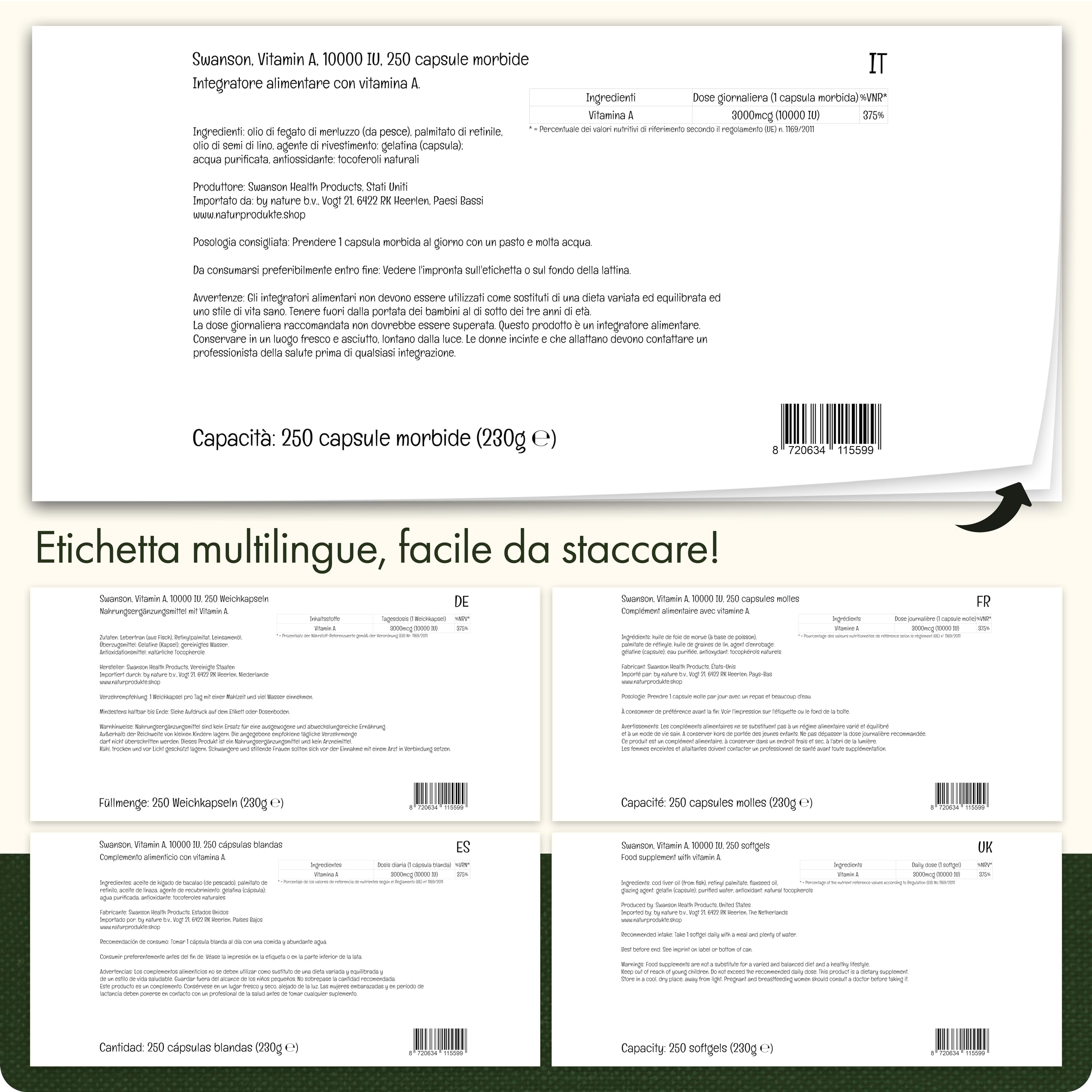 Swanson, Vitamin A 10.000IU (3.000mcg), con Olio di Fegato di Merluzzo, 250 Softgels, Altamente Dosato, Testato in Laboratorio, Senza Soia, Senza Glutine, non OGM
