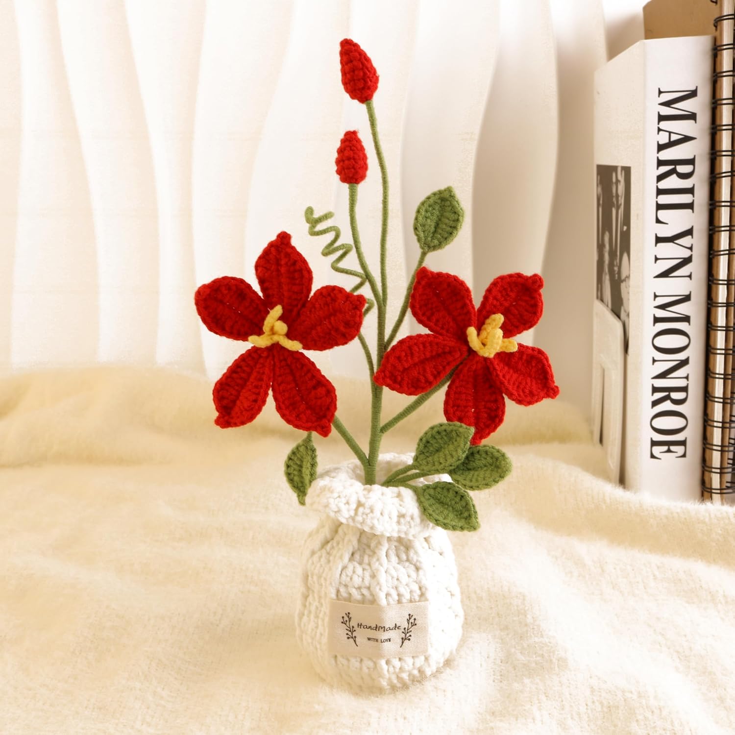 Hand-Woven Crochet Flowers, Simulation of Lotus Potted Plants, Used for Living Room Decoration, Garden, Balcony, Coffee Table Decoration for Family and Friends Lover Anniversary (Red)