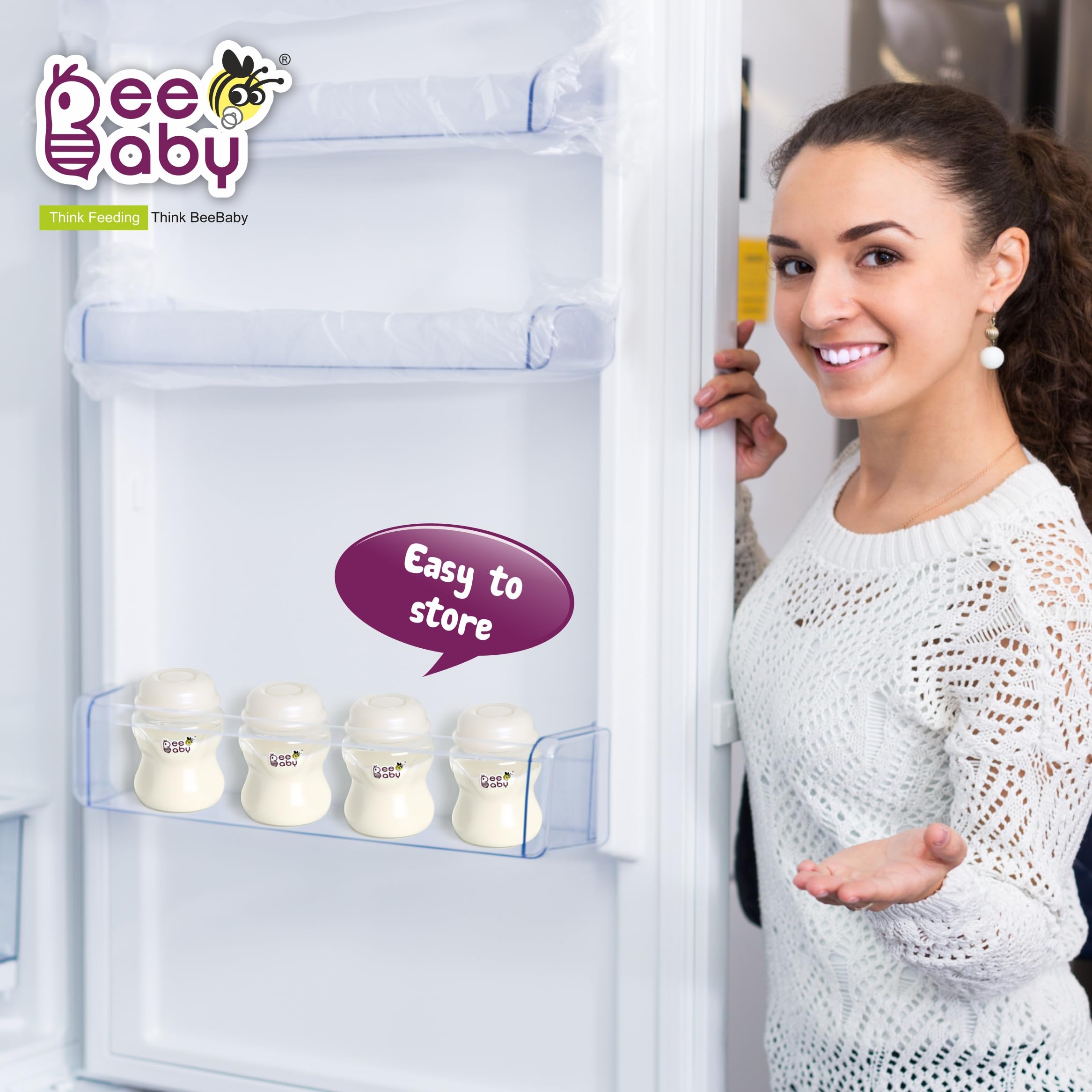 BeeBaby Pump N Protect Breast Milk Storage Bottles β Pack of 4 | Pump & Store Milk Collection Bottles for Breastfeeding Moms | Compatible with Most Manual & Electric Breast Pumps | 100% BPA Free (Slim Neck - Pack of 4) 1