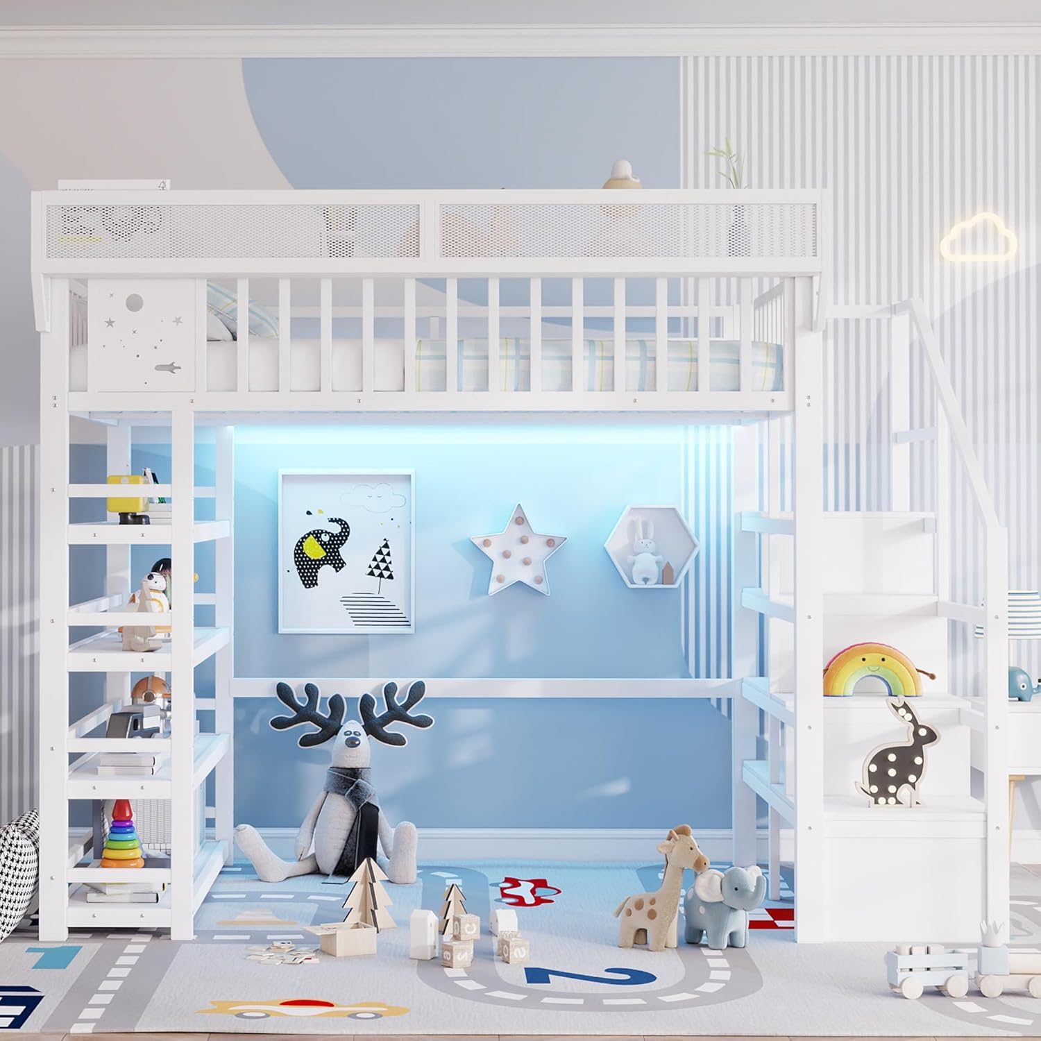 Full Loft Bed with 4 Shelf Storage Rack and Charging Station,Metal Full Loft Bed with Stairs Storage for Kids Teens, Patent Products,White