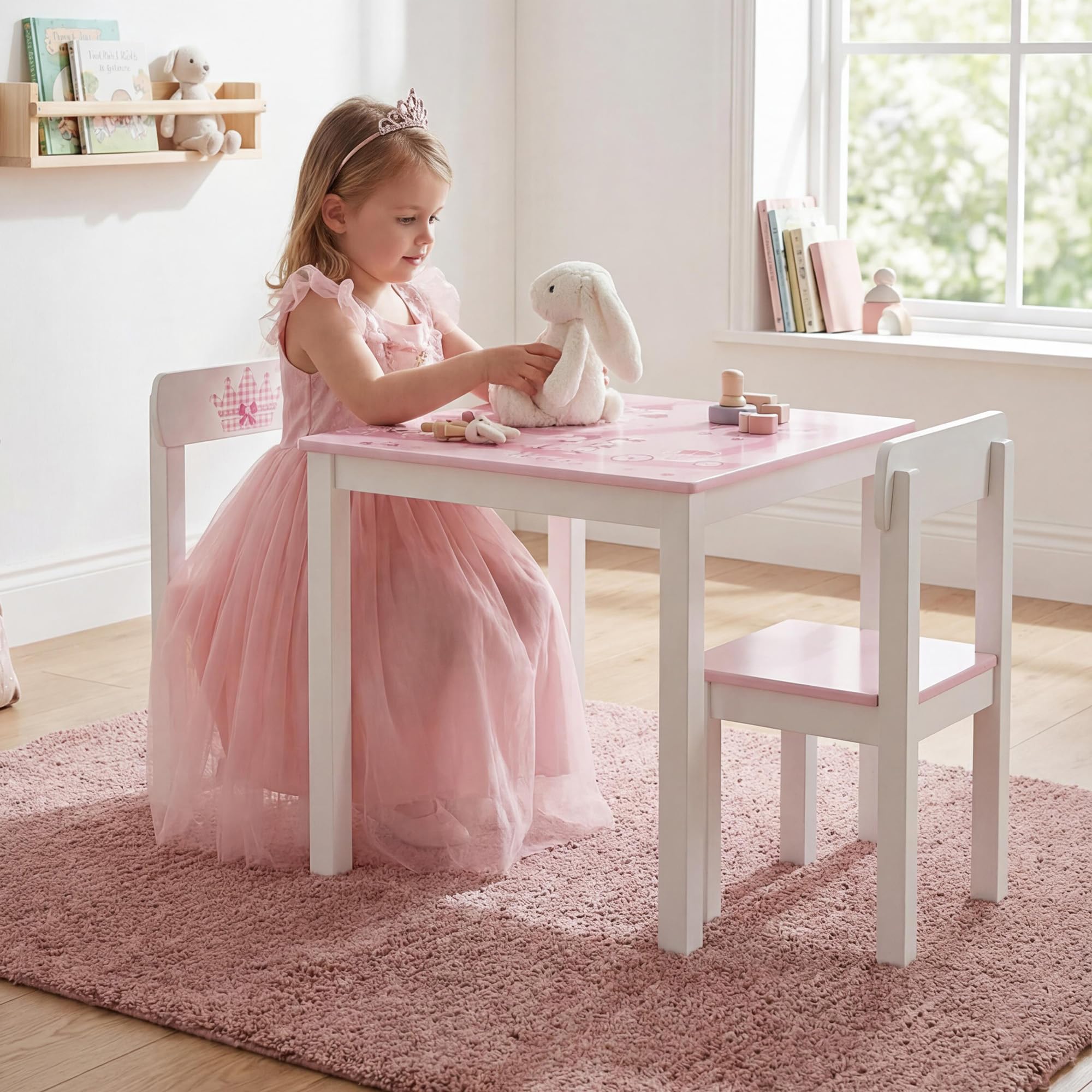 roba Conjunto Mesa + 2 Sillas Infantiles Krone - Diseño de Princesa y Corona - Juego de Muebles - Rosa / Blanco