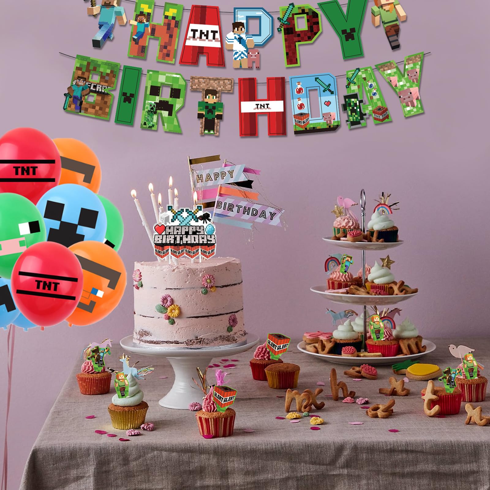 Kit Décoration Anniversaire Style Pixel – Bannière, Ballons, Nappe, Décorations Cupcakes – Pour Fête Enfant