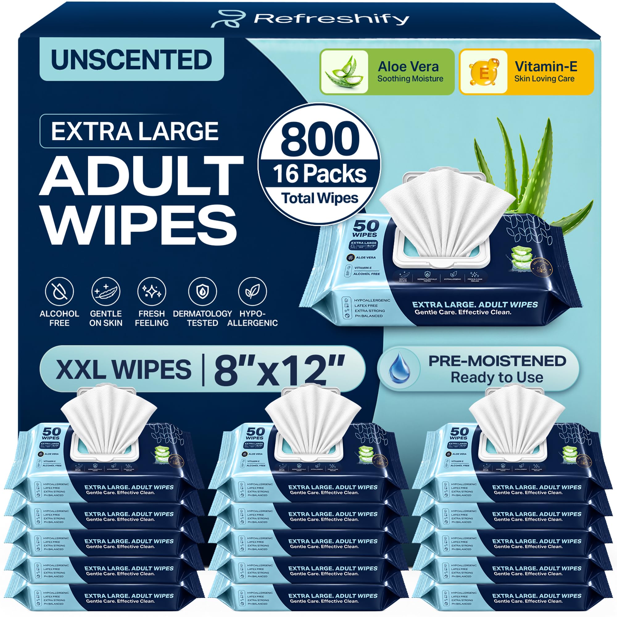 Adult Wipes for Elderly - (800 Ct) Body Wipes for Adults Bathing No Rinse | 16 Packs of 50 Adult Wipes Extra Large - Bulk Disposable Bathing Wipes for Adults Rinse Free - Aloe Vera & Vitamin E Infused