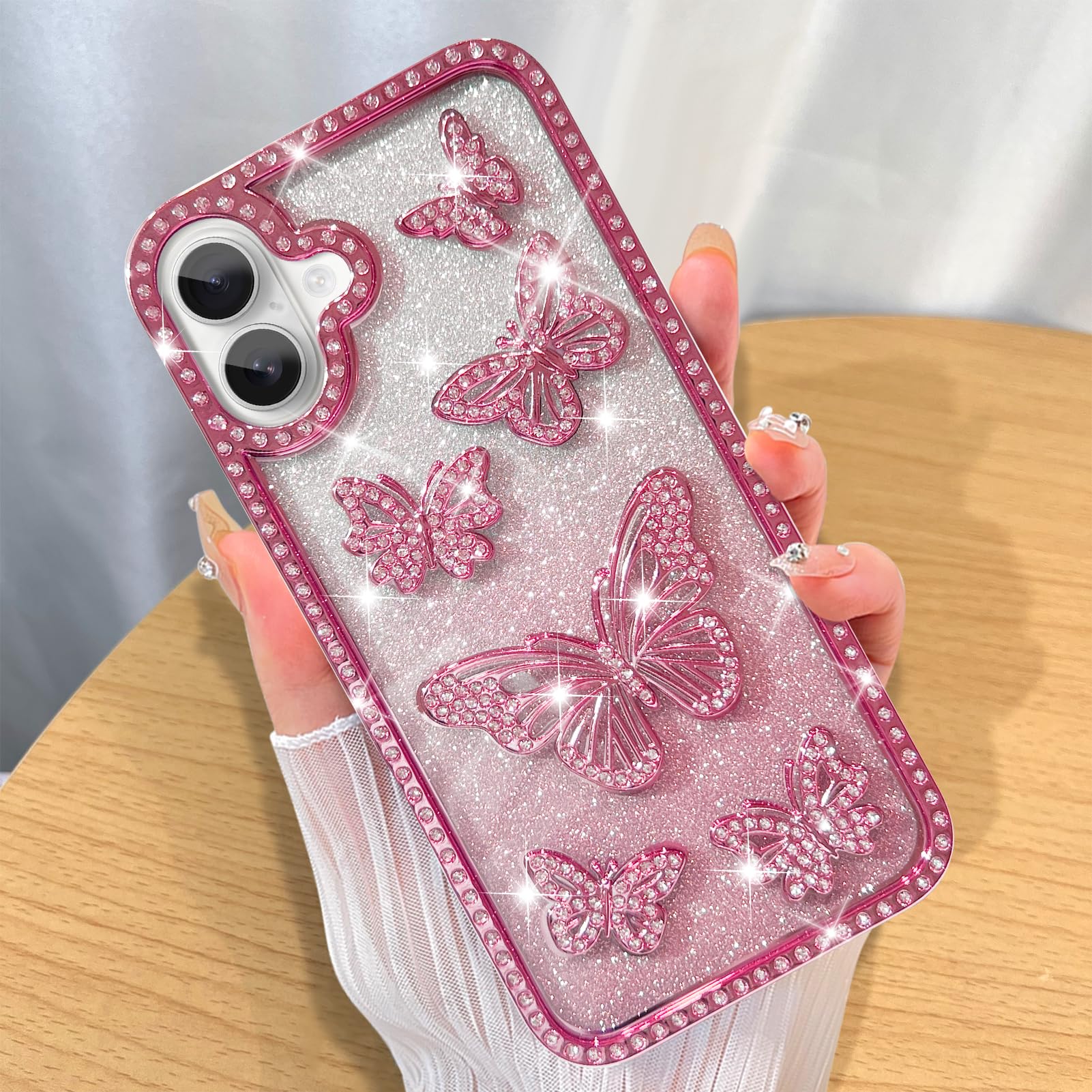 ZIYE Case Designed for iPhone 16 Glitter Cases Luxury Plating Diamond Shiny Butterfly Clear Case with Raised Edge Camera Shockproof Cover for Women