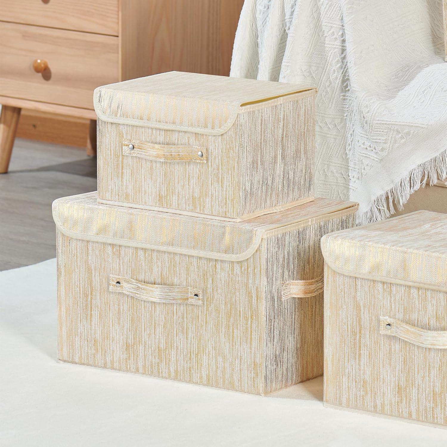 2PCS Decorative Storage Boxes with Lid Luxury Metallic Fabric Storage Bins Organizer Container Collapsible Shelf Basket with Handles for Home Bedroom Closet Office (Gold, Large Size)