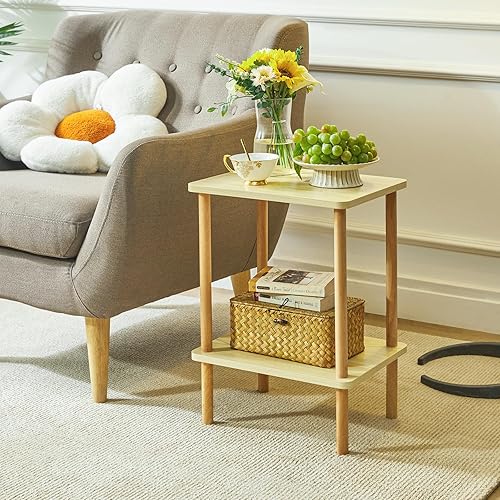 Miniatura 4 de IBUYKE Mesa auxiliar de 2 niveles, mesa auxiliar alta de madera maciza con estantes de almacenamiento, mesita de noche para sala de estar,