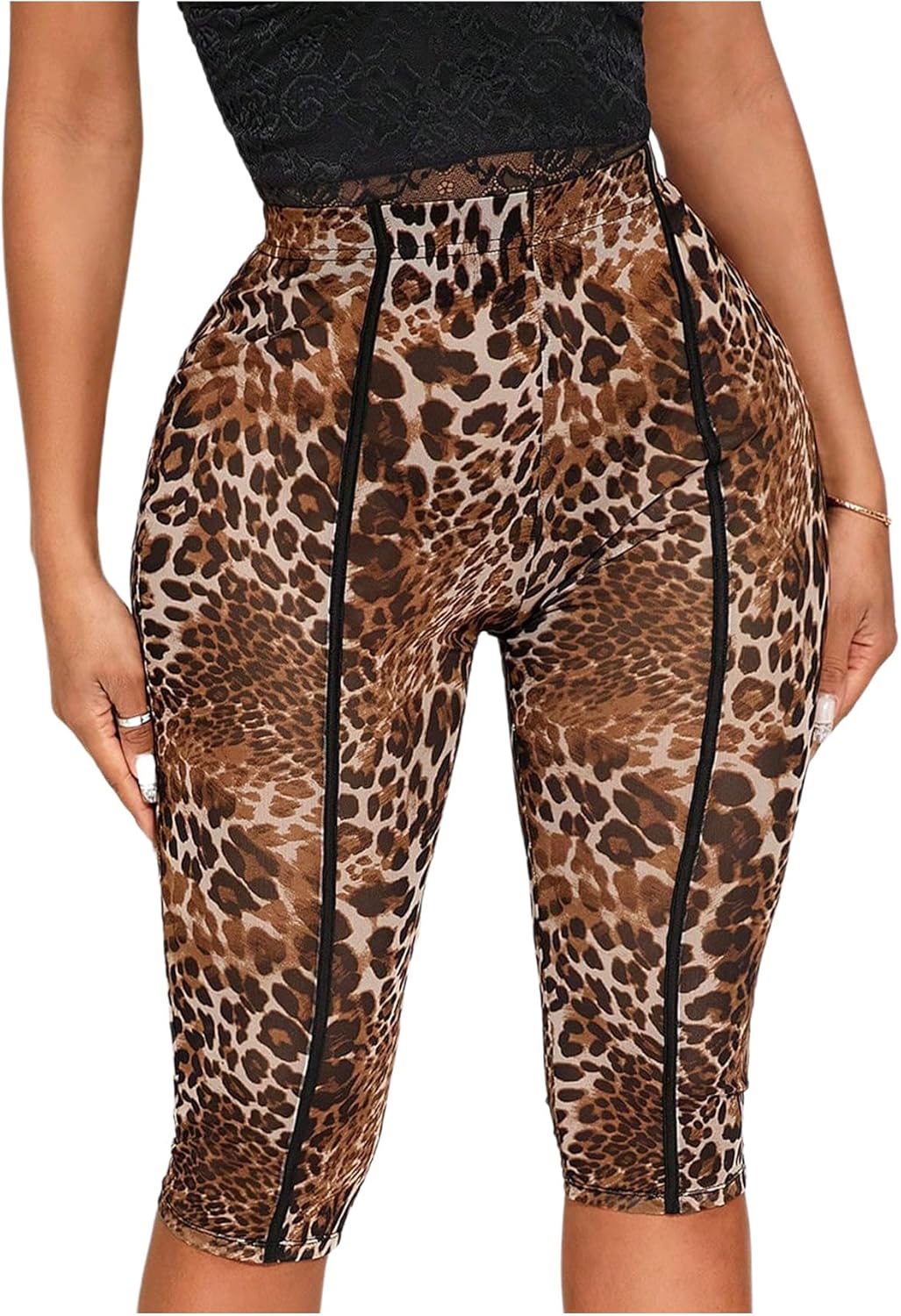 SweatyRocks Women's High Waist Sheer Mesh Leopard Capris Leggings Yoga Workout Pants