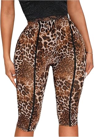 RoseSeek Womens Y2K Leopard Mesh Cropped Leggings 3/4 Length Club Capri Pants