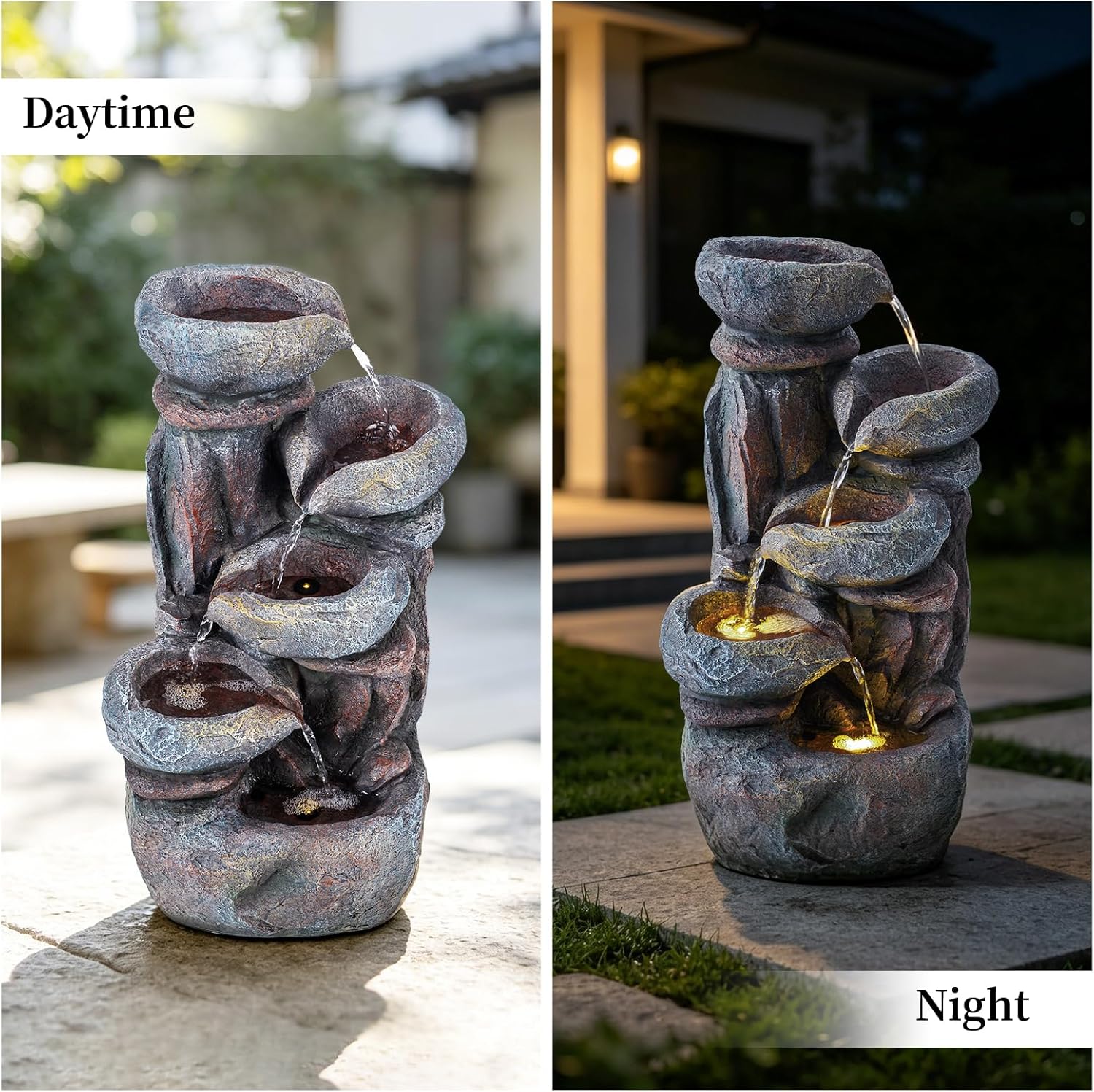Solarbloom 19.9" H Water Fountain Outdoor/Indoor, Garden Fountain, 5-Tiers Cascading Stacked Stone Bowl Waterfall Fountain with LED Lights for Patio Yard Deck Decor