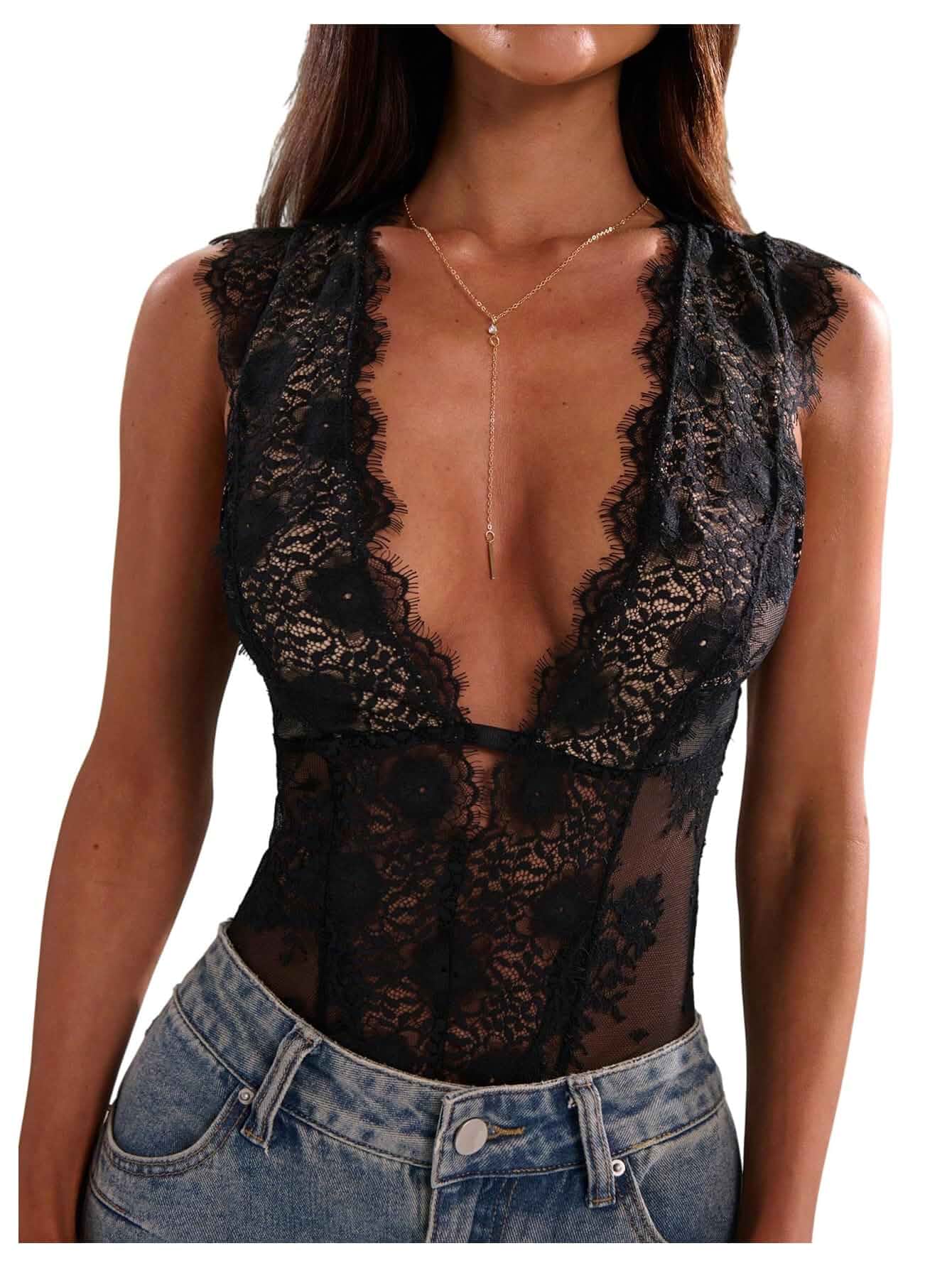 GORGLITTER Women's Floral Lace Sheer Bodysuit | Y2k, Deep V Neck, Sleeveless, Sexy Date Night Tank Tops