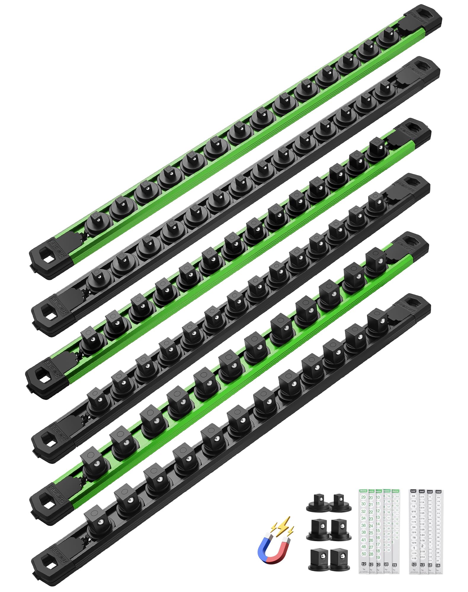 ALOANES Magnetic Socket Organizer, 1/2,3/8,1/4" 80 Clips (Green&amp;Black, 6PC)