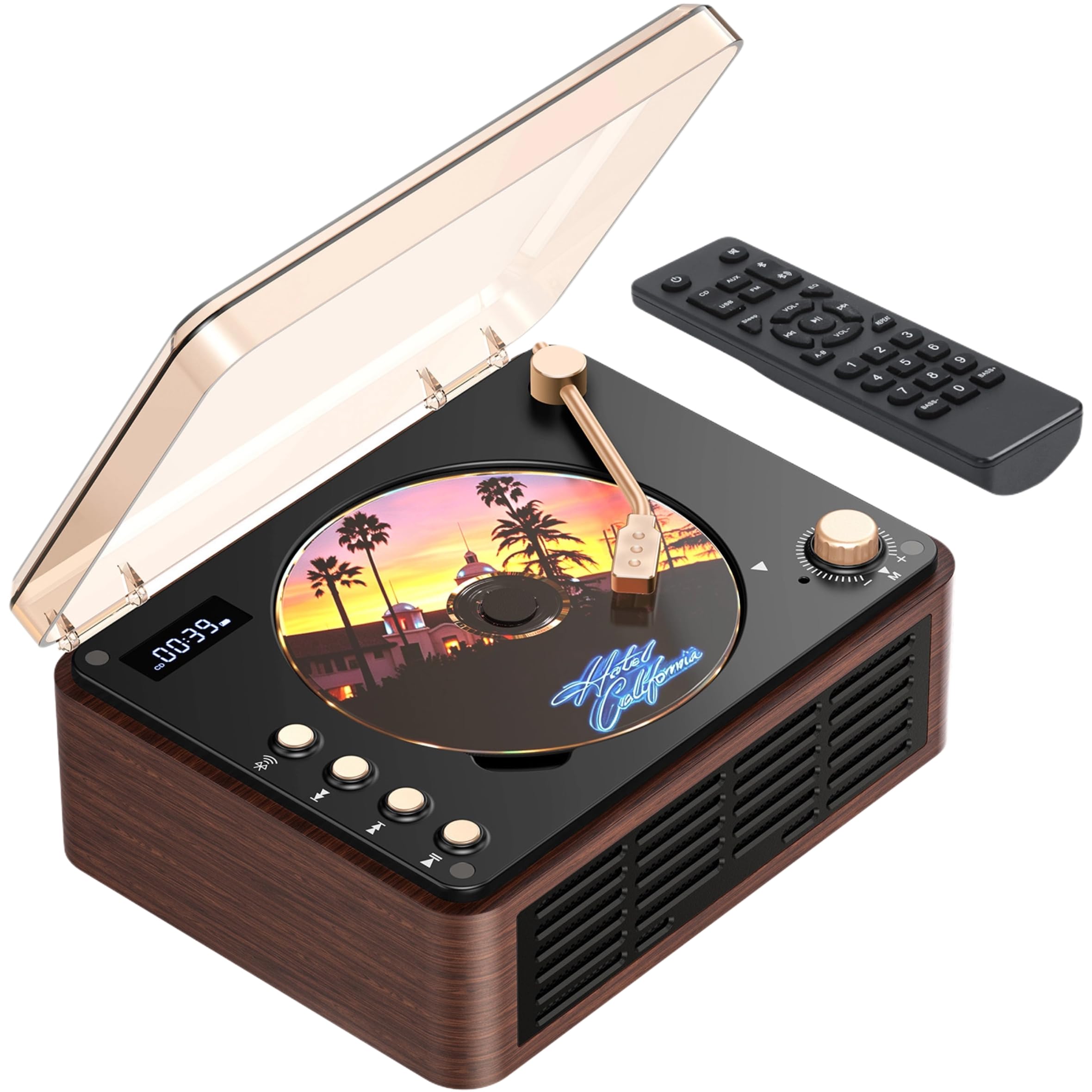 POFOTO Tragbarer CD-Player mit Bluetooth 5.3, Langer Akku, Bluetooth-Lautsprecher, LCD-Display, unterstützt Radio/USB/AUX, Vintage Desktop CD Spieler mit Lautsprecher – für Zuhause/Geschenk (Nussbaum)