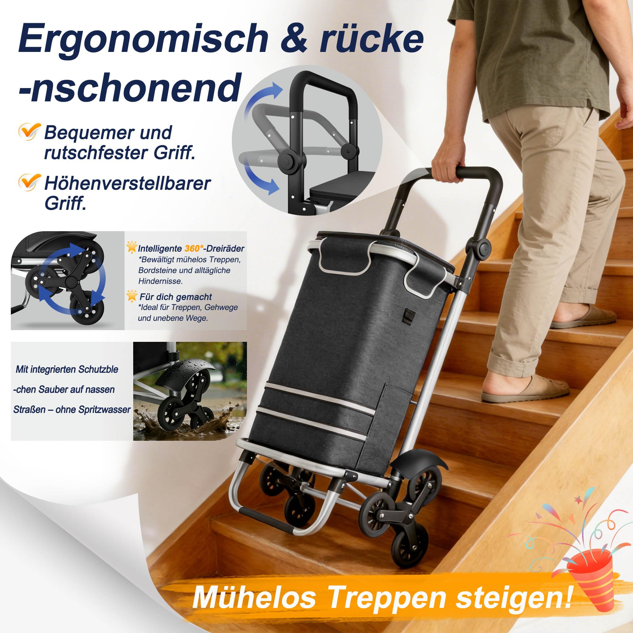 3in1 Klappbarer Einkaufstrolley 56L | Einkaufsroller mit Umhängetasche & Sackkarre | Einkaufswagen Schwarz 3-Rad