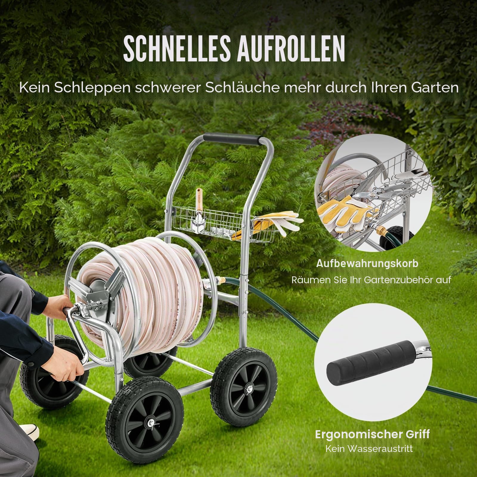 VEVOR Schlauchtrommelwagen, 1,5 cm x 91 m fasst bis zu -Schlauch, mobile Werkzeuge mit 4 Rädern, robuster, pulverbeschichteter Stahl im Freien mit Aufbewahrungskorb, für Garten, Hof, Rasen
