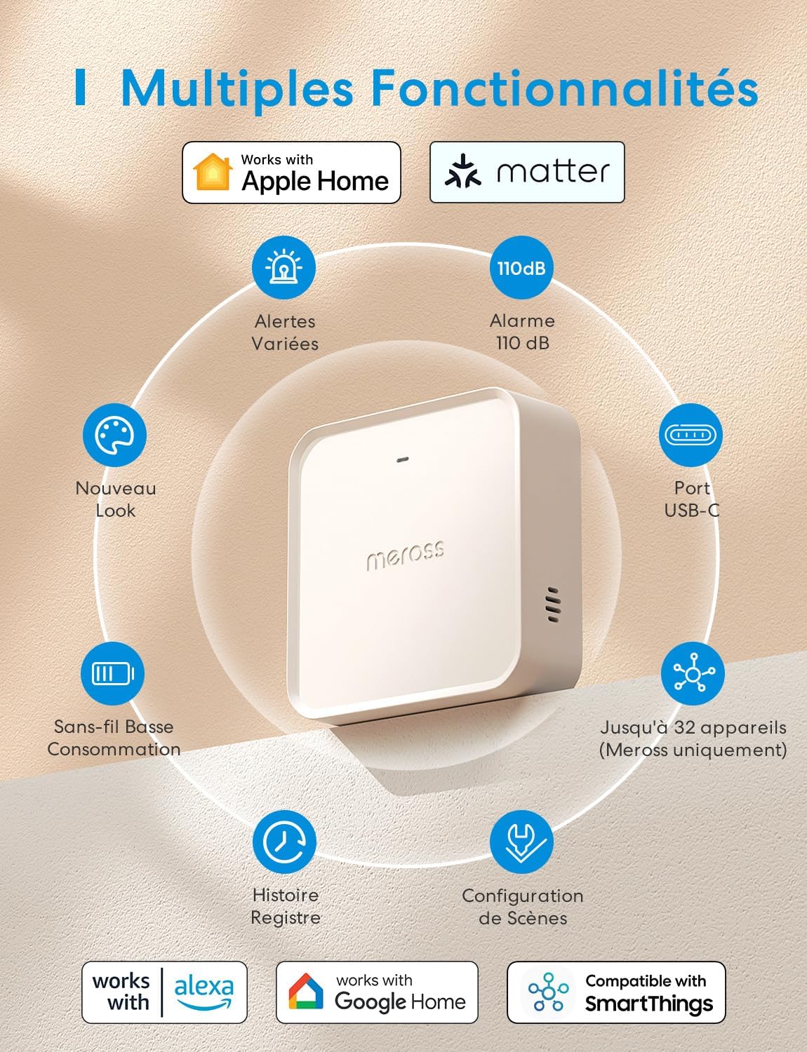Meross Smart Hub Matter MSH450 | Alarme 110 DB & Port Ethernet | Prend en Charge Détecteur Fumée, Capteurs (Porte/Fenêtre, Fuite Eau, Temp/Humidité) - Compatible avec Apple Home, Alexa et Google Home
