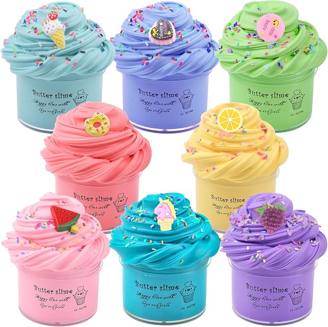 Butter Slime Kit 8 Pack, Fluffy Slime for Kids, Soft and Stretchy, Stress Relief Toy for Girls and Boys