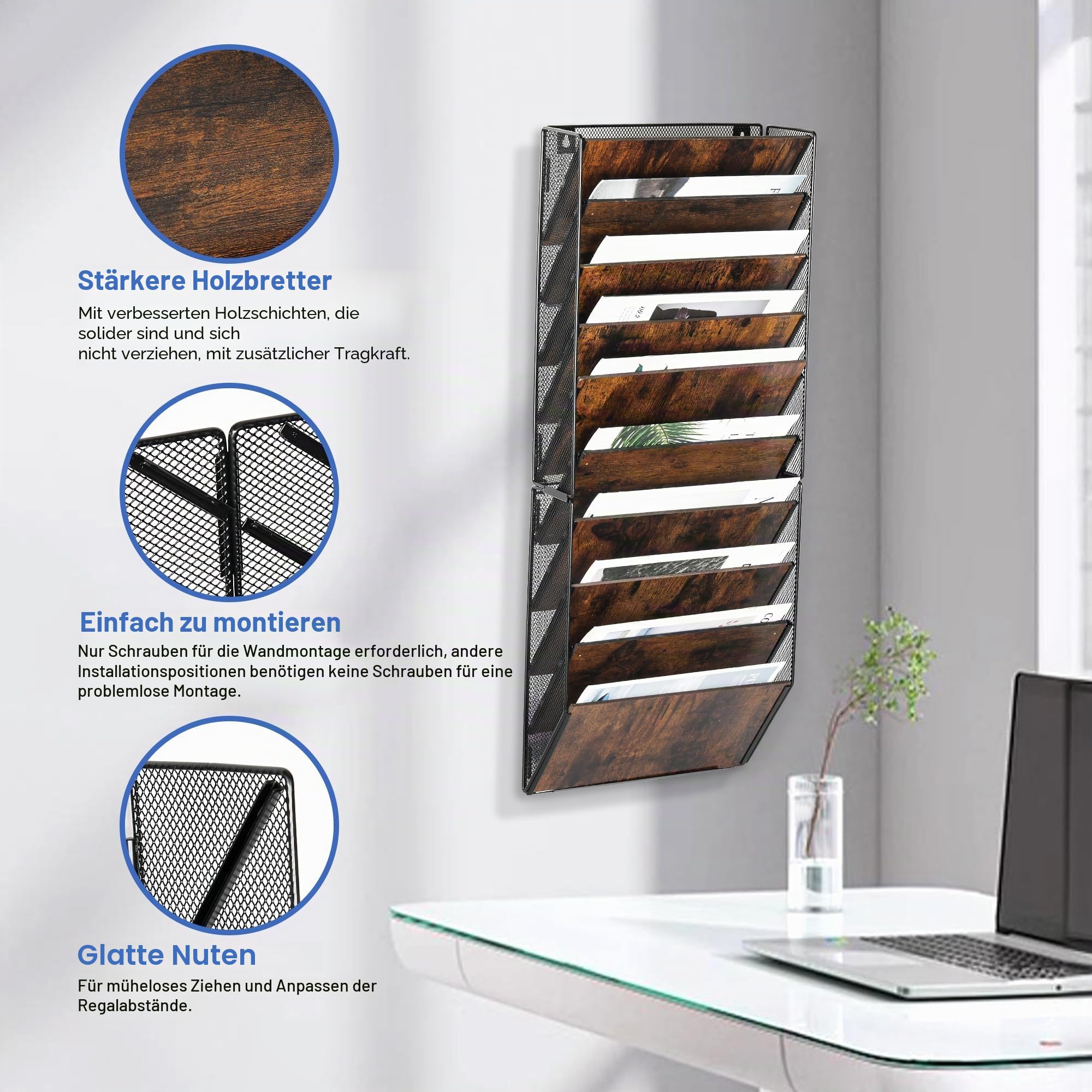 Zeitungshalter Wand aus Holz mit 10 Fächern Metall Zeitungsständer Hängeregister Wandablagefächer A4 Papier Dokumentenablage Büro Schule Ablage Organizer, Schwarz/Antik