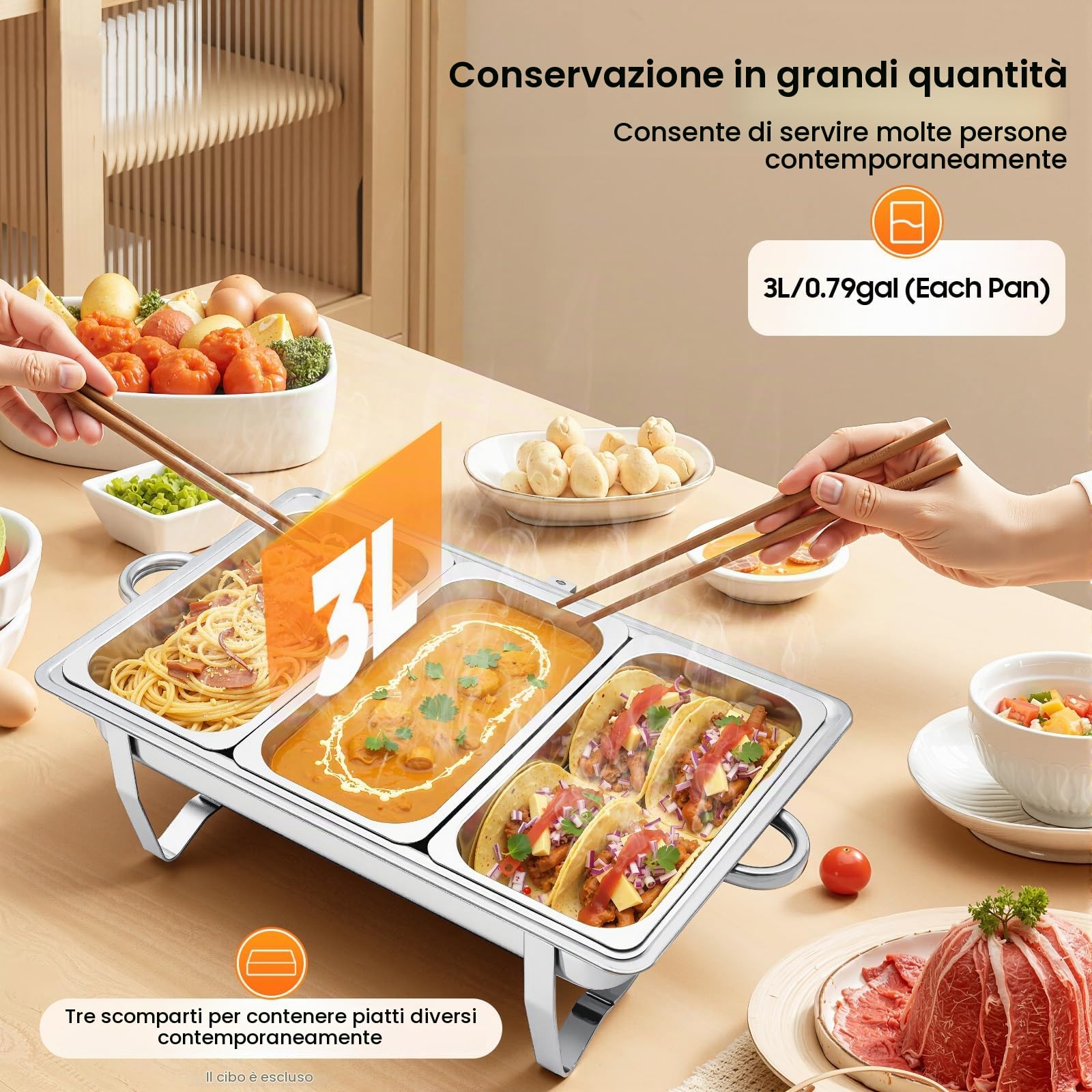 Set scaldavivande Chafing Dish, 9 l, 3 griglie, in acciaio inox, 55 x 35 x 26,3 cm, contenitore caldo per alimenti, scaldavivande a buffet