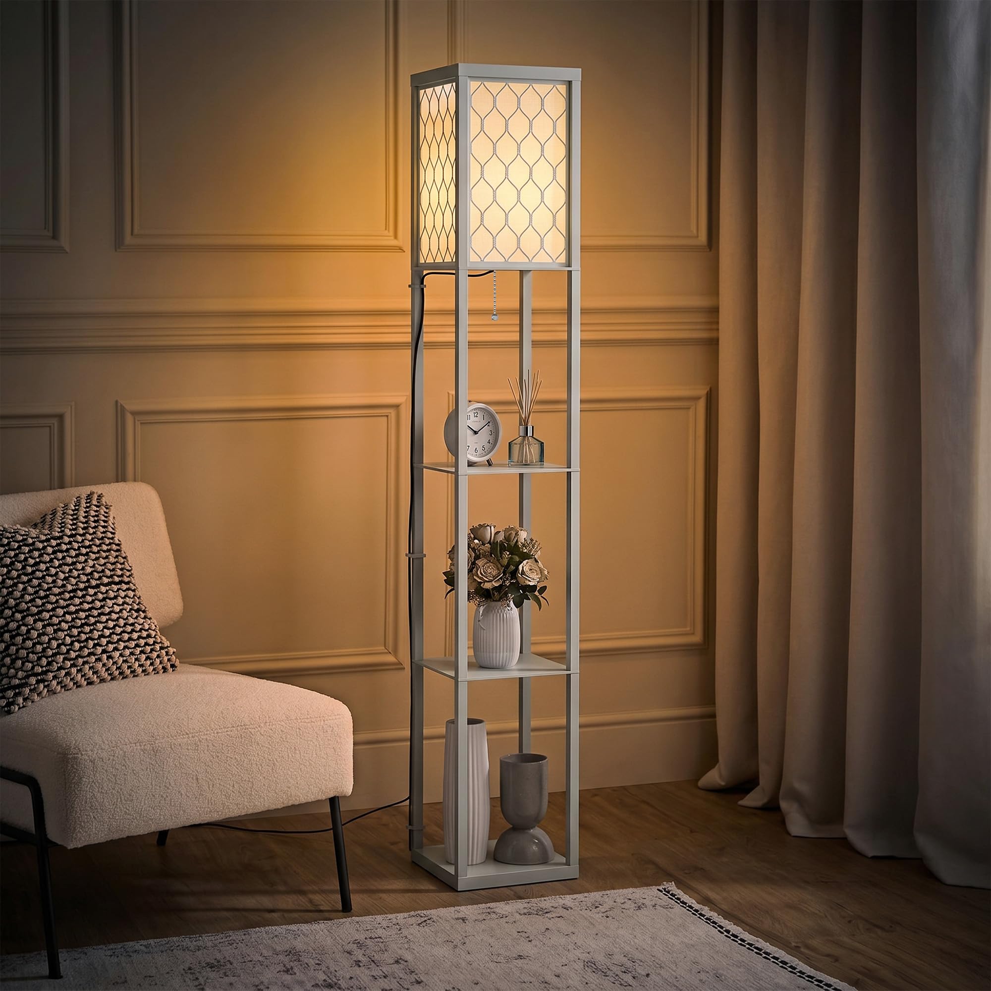 HOMCOM Modern Floor Lamp Light With 3 Shelves Fabric Lampshade - Light Grey  | TJ Hughes