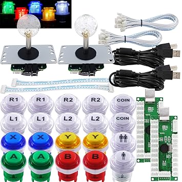 SJ@JX Arcade 2 Player Game Controller Stick DIY Kit LED Buttons with Logo MX Microswitch 8 Way Joystick USB Encoder Cable for?PC MAME Raspberry Pi Color Mix