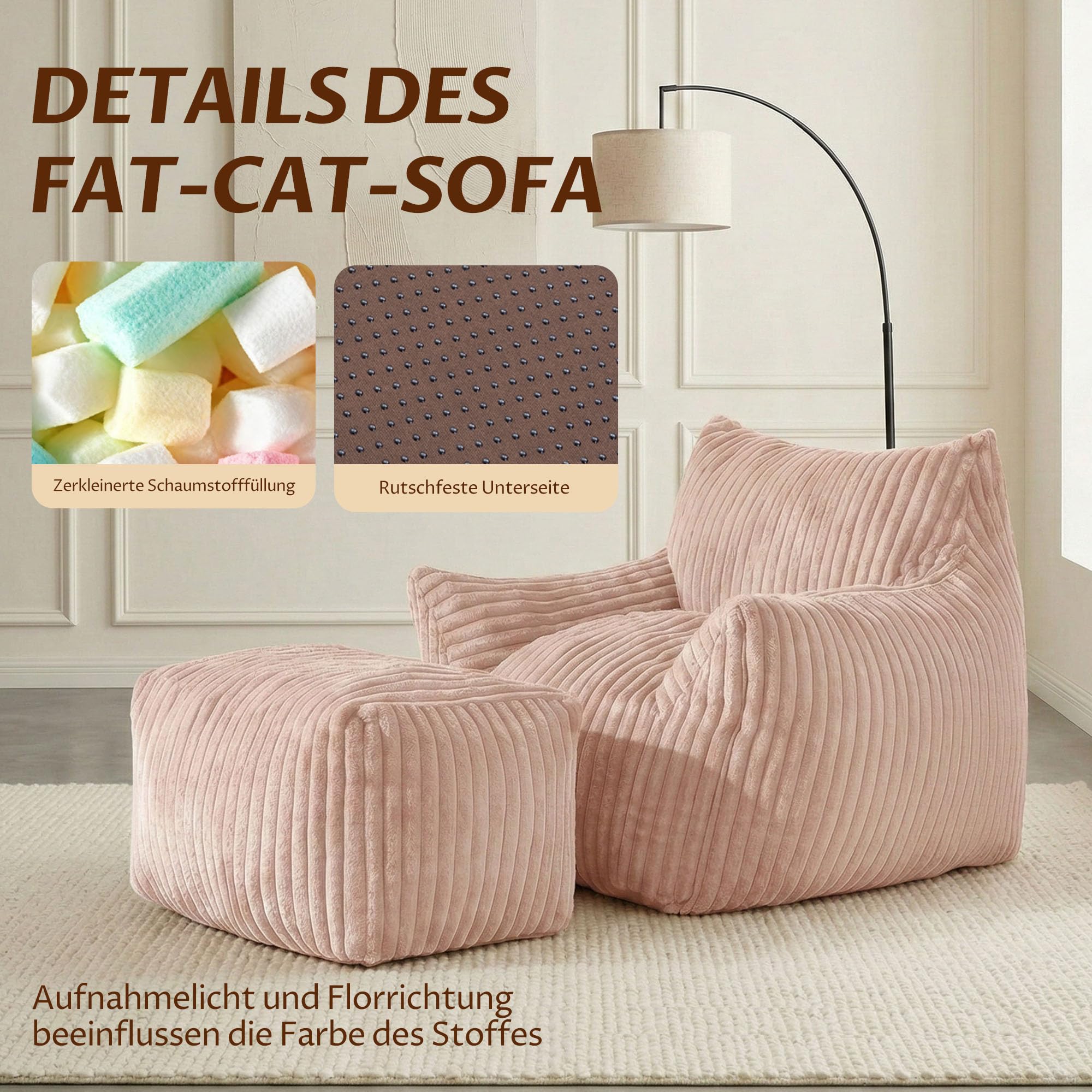 GRAVFORCE Schlafsofa mit Rückenlehne und Fußstütze, XXL Sitzsack Sessel mit Hocker für Erwachsene, Relaxsessel Lazy Sofa, Indoor-Sitzkissen für Schlafzimmer Wohnzimmer, Wintergarten (Rosa)