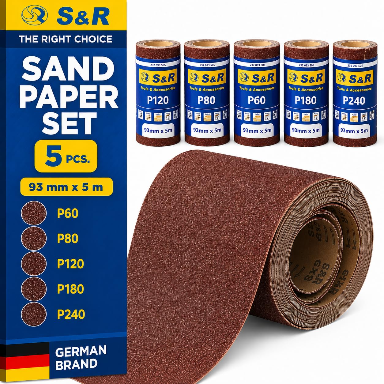 S&R 5 Rollos de Papel de lija para Madera Metal Pared de 93 mm x 5 m grano 60/80/120/180/240