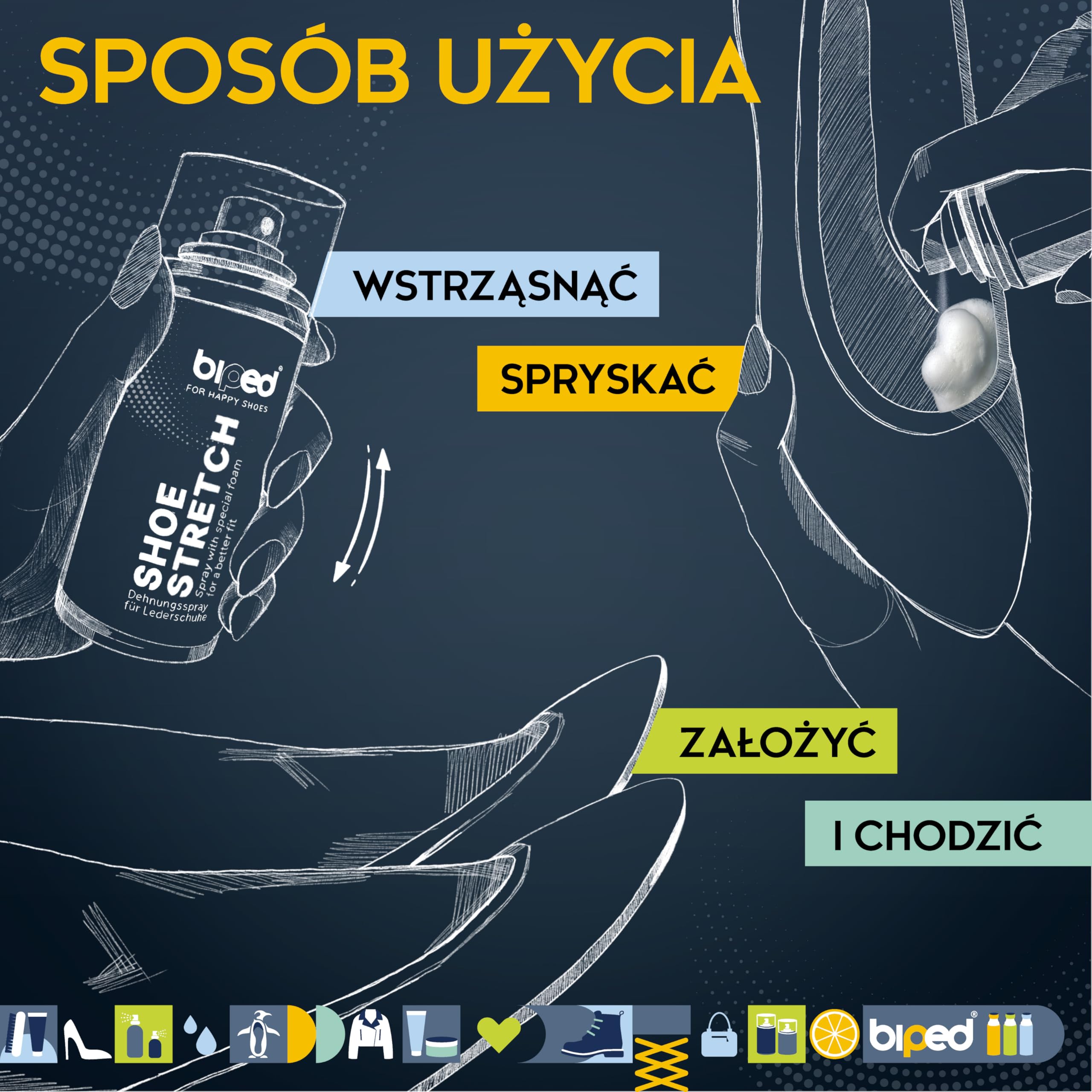 biped SHOE STRETCH spray do rozciągania butów – zmiękczacz skóry redukuje ucisk – do skóry licowej i zamszu 100 ml – Wyprodukowano w Niemczech z3002